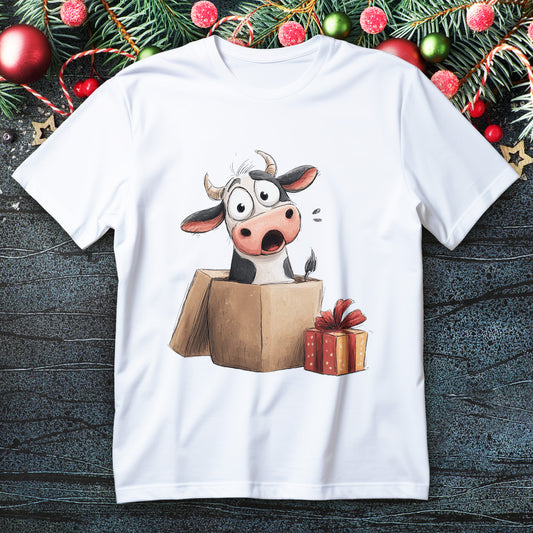 Cartoon cow popping from kraft gift box with big red bow on Christmas T-shirt