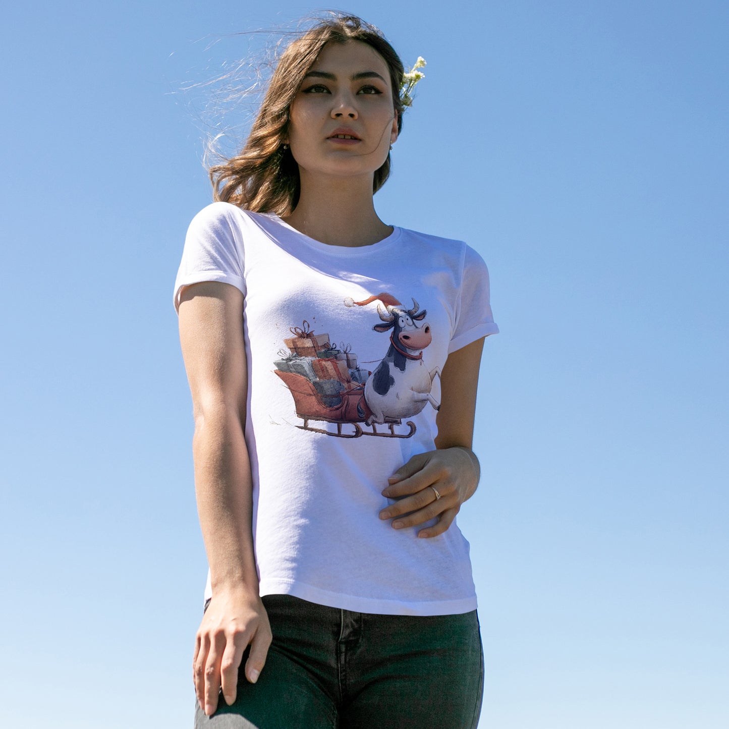 Santa Cow Sleigh Christmas T-Shirt - Funny Cow Pulling Sleigh Tee