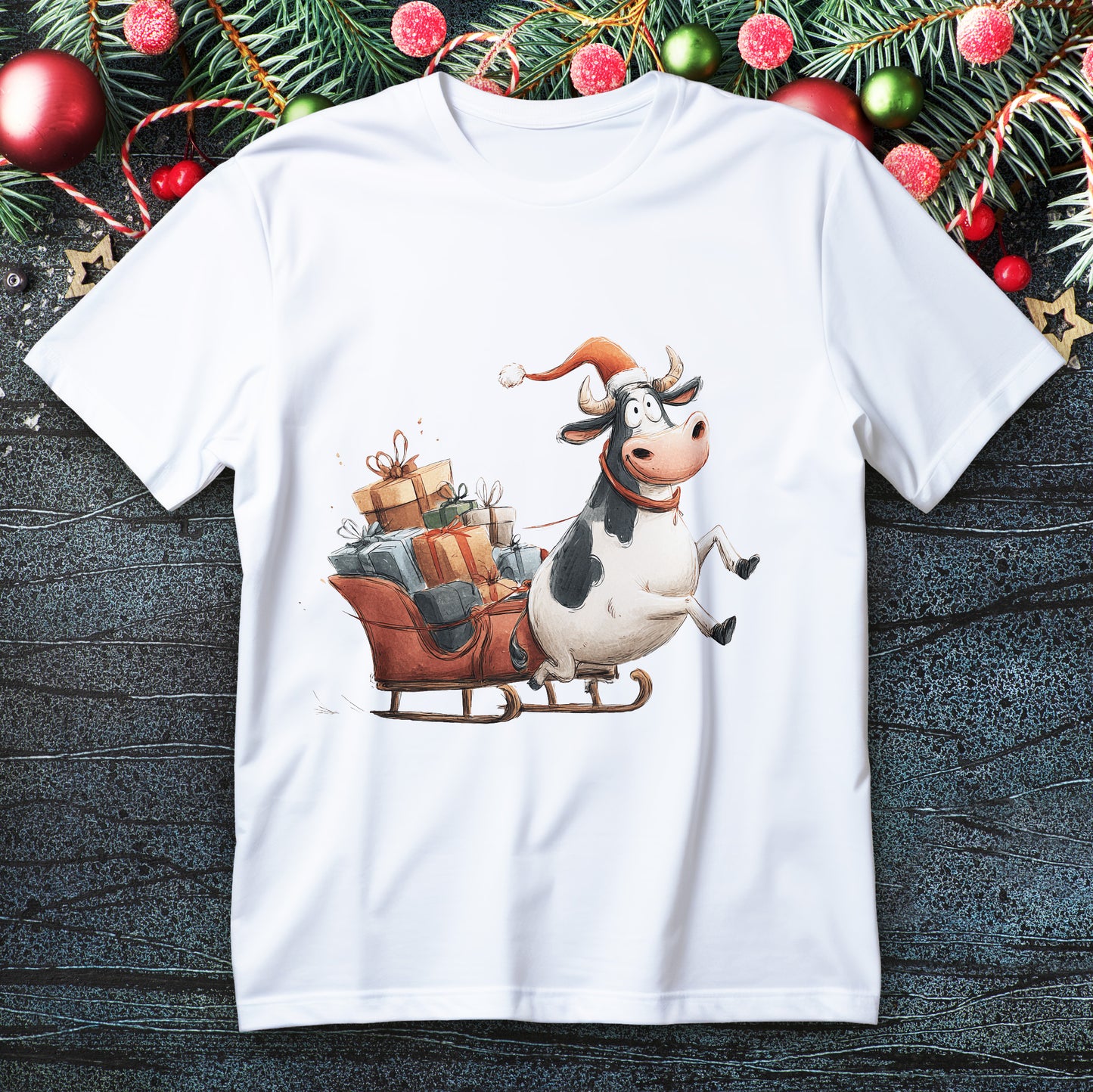 Santa hat cow pulling a gift sleigh on a Christmas T-shirt