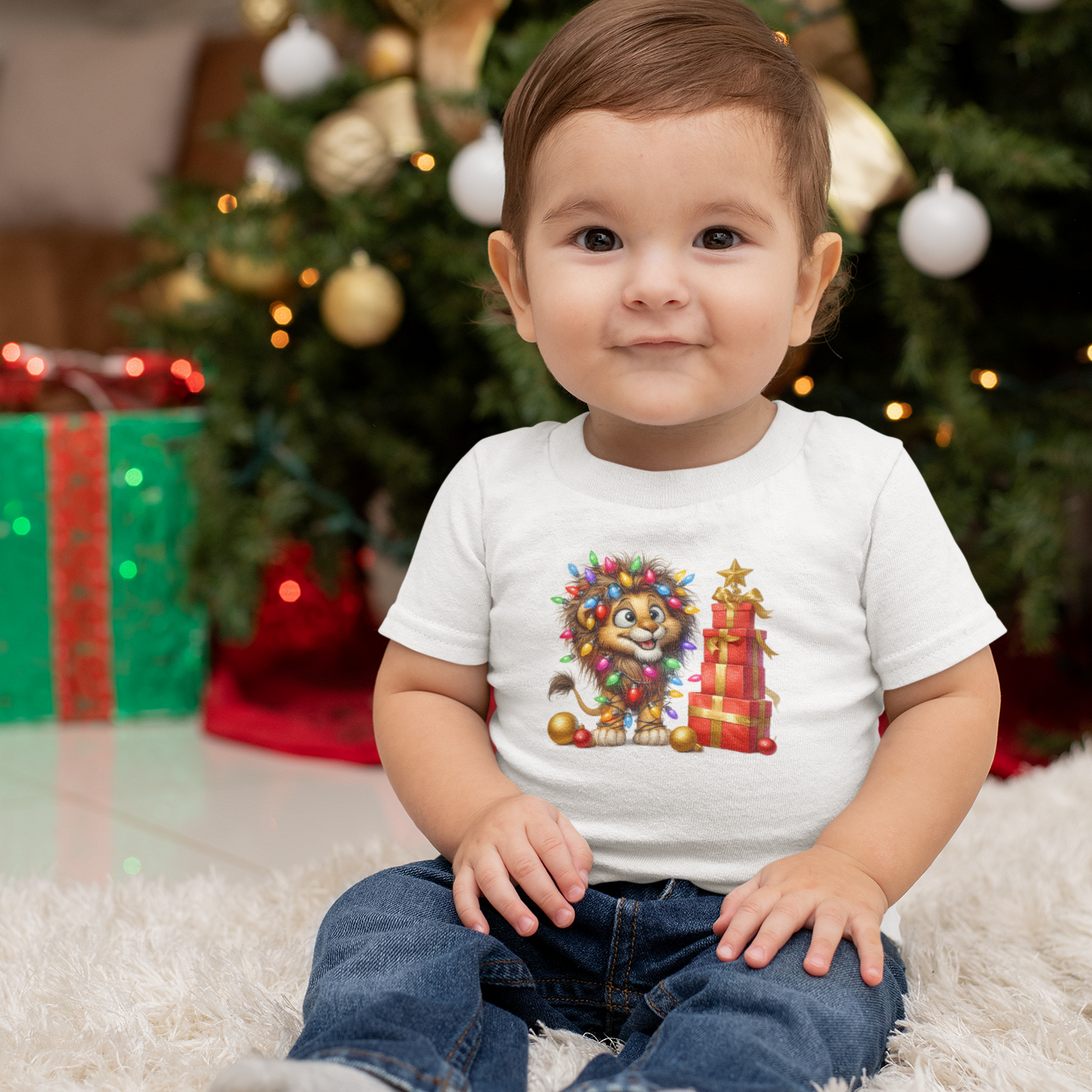 Baby Lion Christmas Lights Infant T-Shirt – Safari Holiday Outfit
