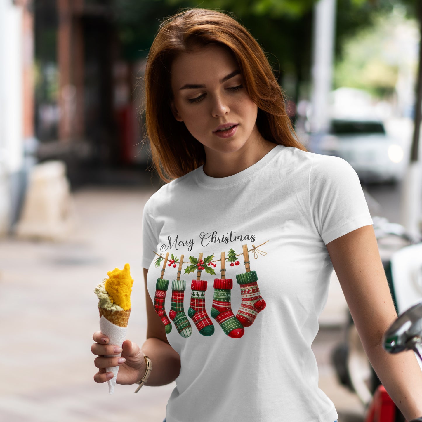 Merry Christmas Stockings T-Shirt - Five Plaid Stockings on Garland