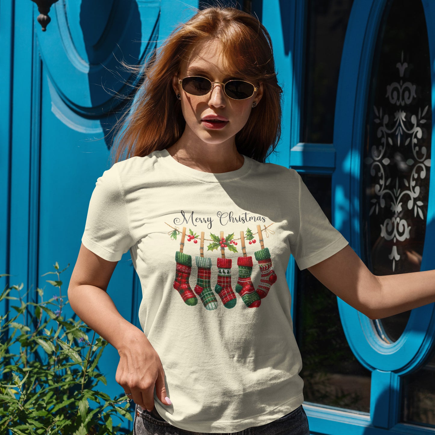 Merry Christmas Stockings T-Shirt - Five Plaid Stockings on Garland