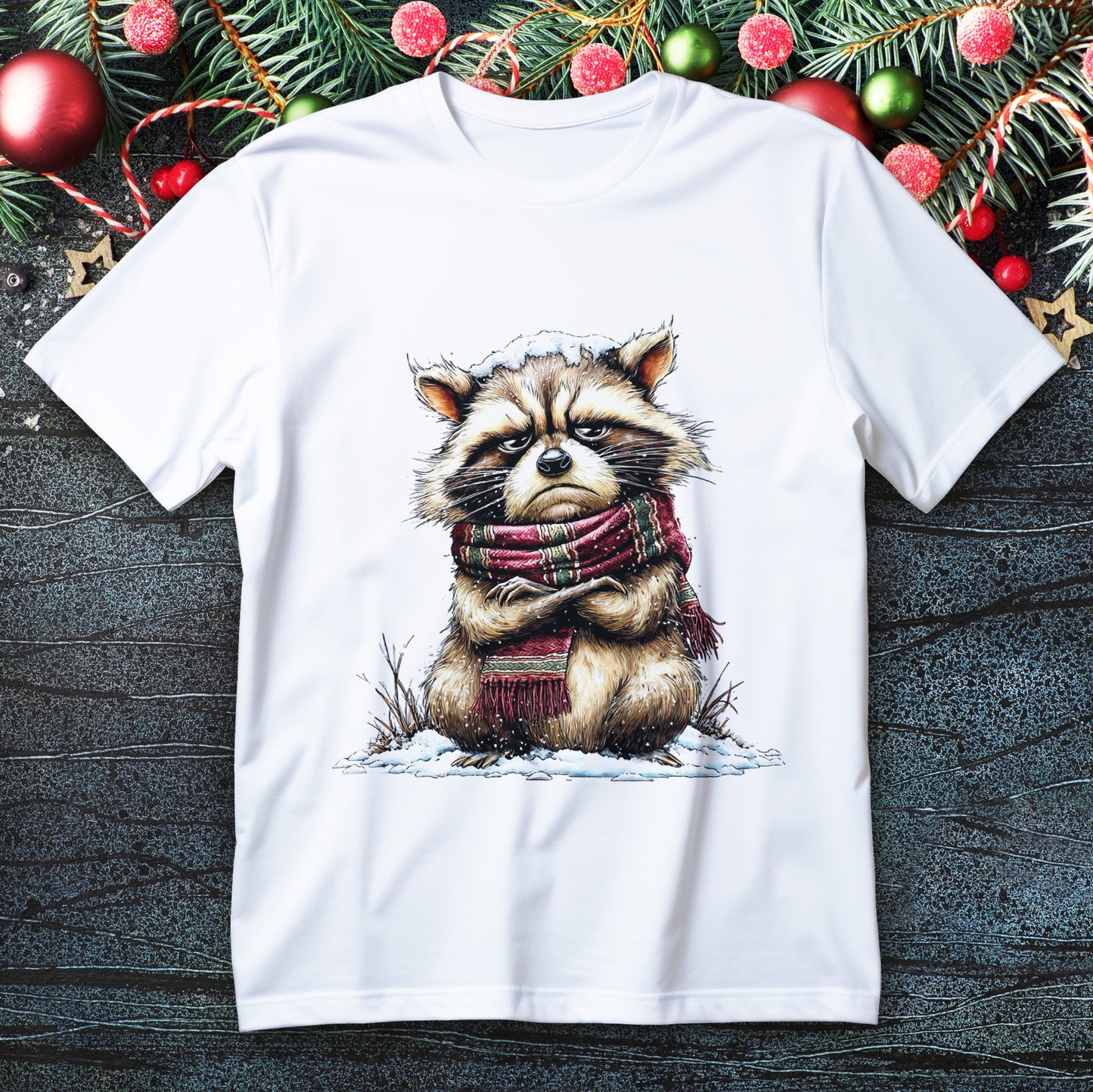 Grumpy raccoon in patterned scarf with snow on head, winter T-shirt design