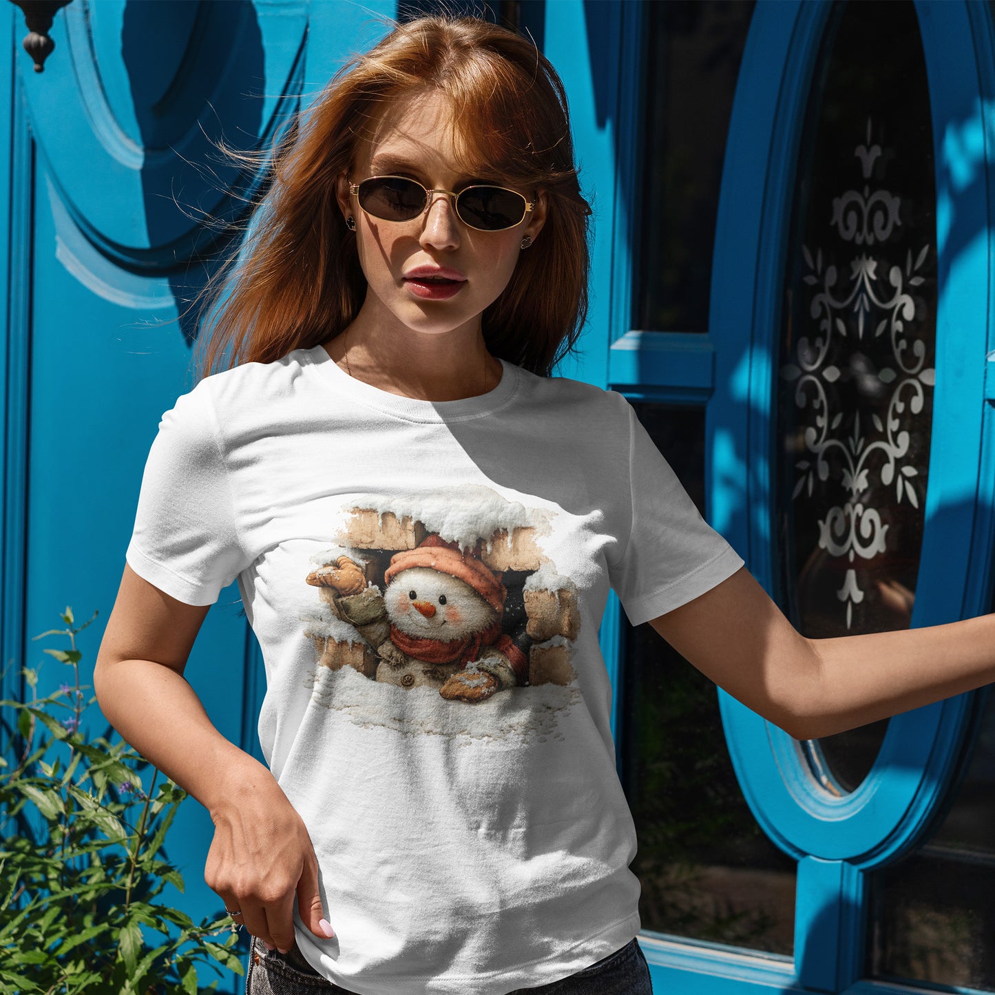 Peeking Snowman Window Christmas - Cute Snowy Brick Window Snowman Tee