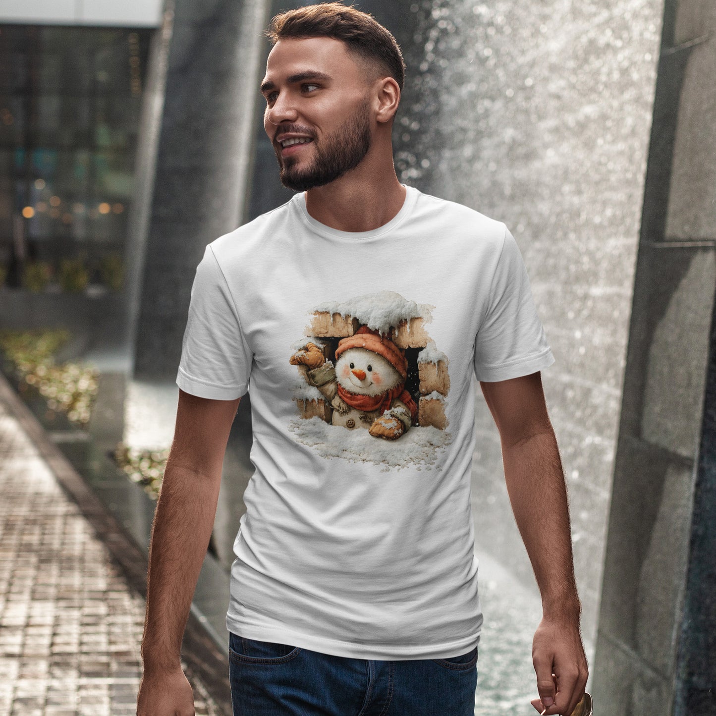 Peeking Snowman Window Christmas - Cute Snowy Brick Window Snowman Tee