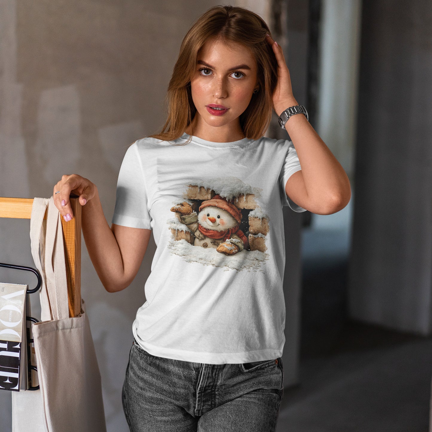 Peeking Snowman Window Christmas - Cute Snowy Brick Window Snowman Tee