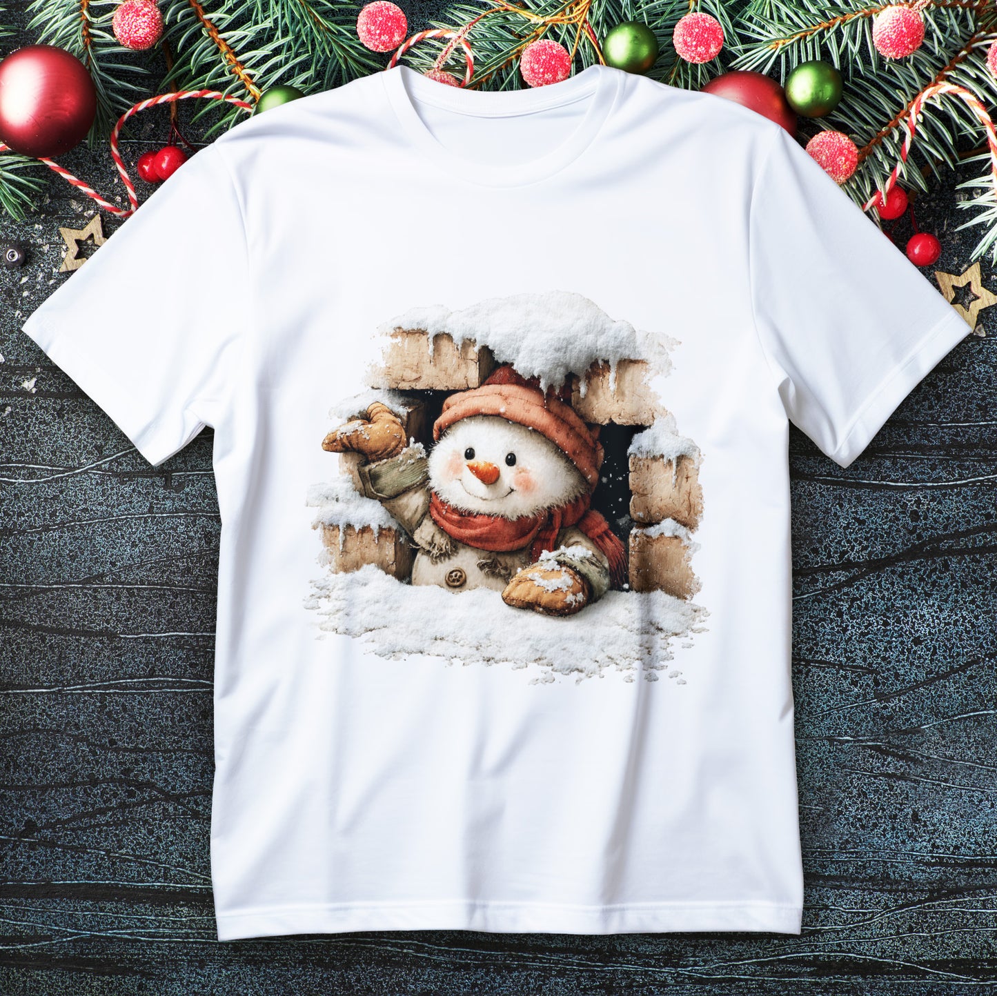 Snowman waving from snowy brick window wearing beanie, scarf and mittens on a Christmas T-shirt