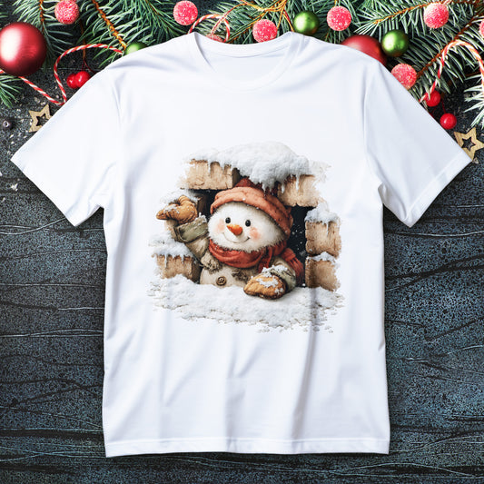 Snowman waving from snowy brick window wearing beanie, scarf and mittens on a Christmas T-shirt