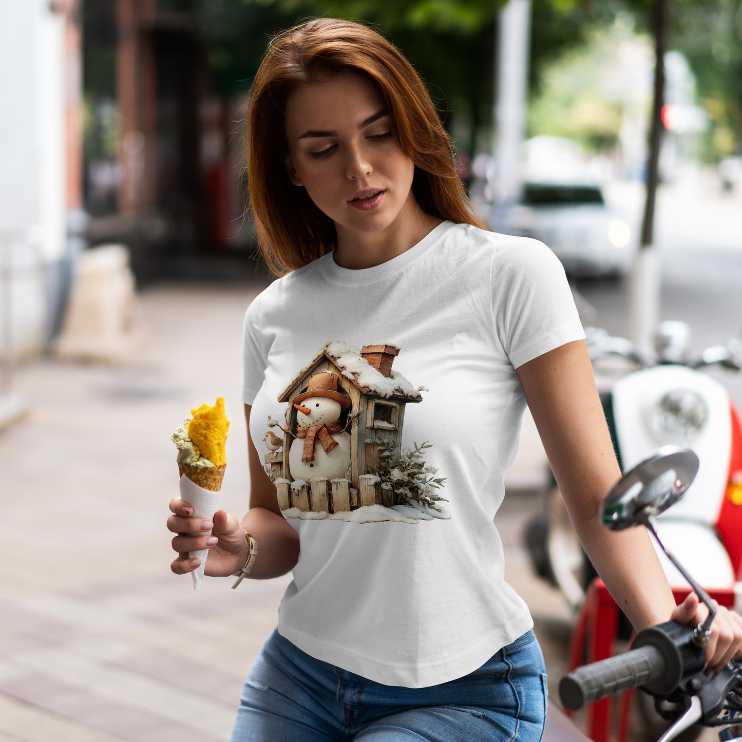 Cabin Porch Snowman Shirt - Rustic Snowman in Little House with Bird