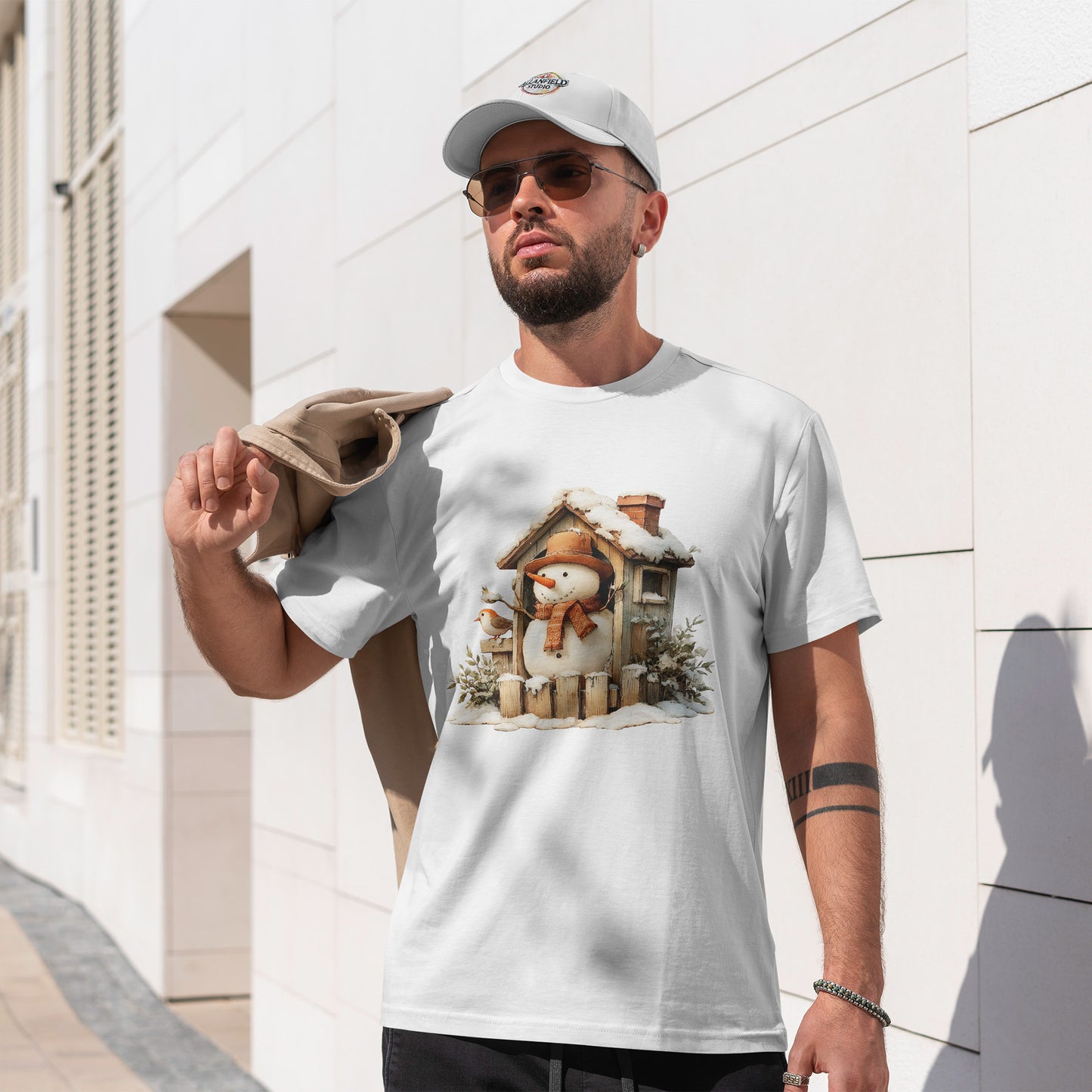 Cabin Porch Snowman Shirt - Rustic Snowman in Little House with Bird