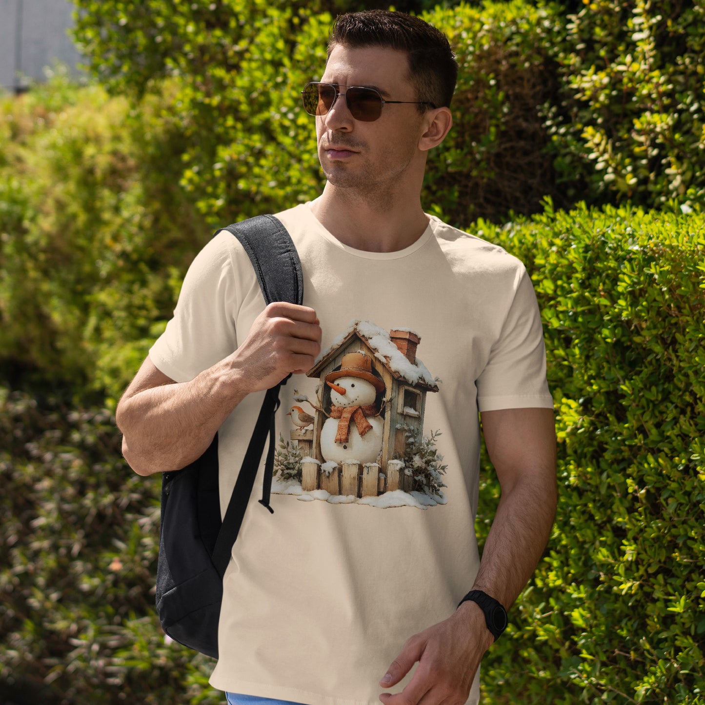 Cabin Porch Snowman Shirt - Rustic Snowman in Little House with Bird