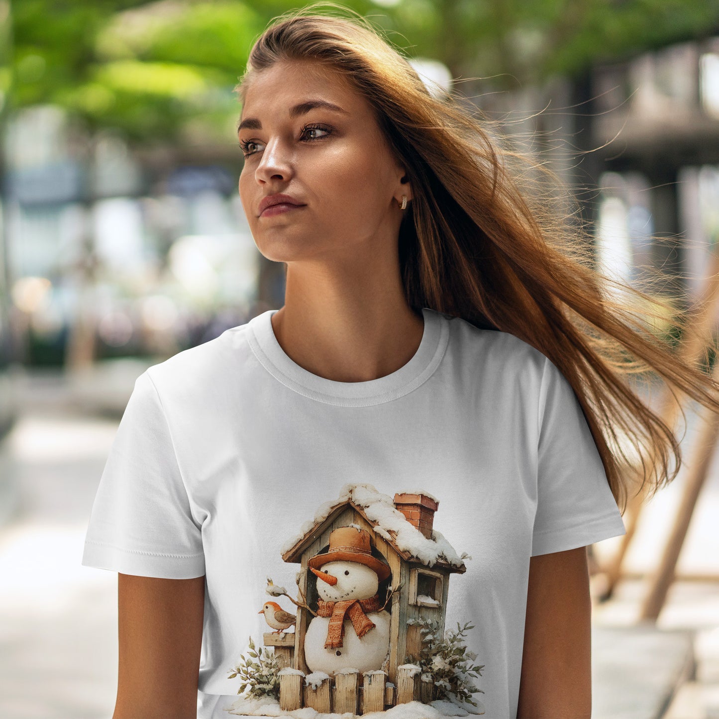 Cabin Porch Snowman Shirt - Rustic Snowman in Little House with Bird