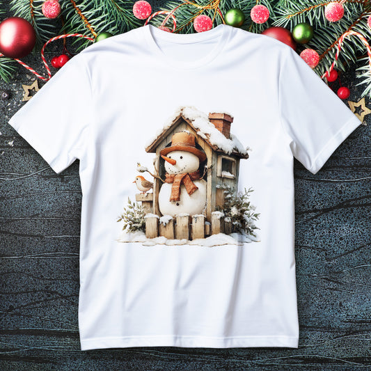 Snowman leaning on tiny cabin porch with bird, knit scarf and snowy roof on a Christmas T-shirt