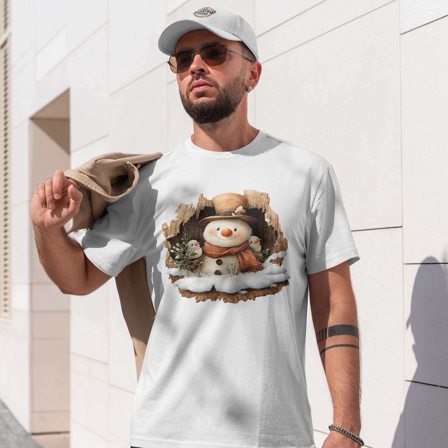 Woodland Snowman with Birds Christmas T-Shirt - Rustic Tree Hollow Snowman