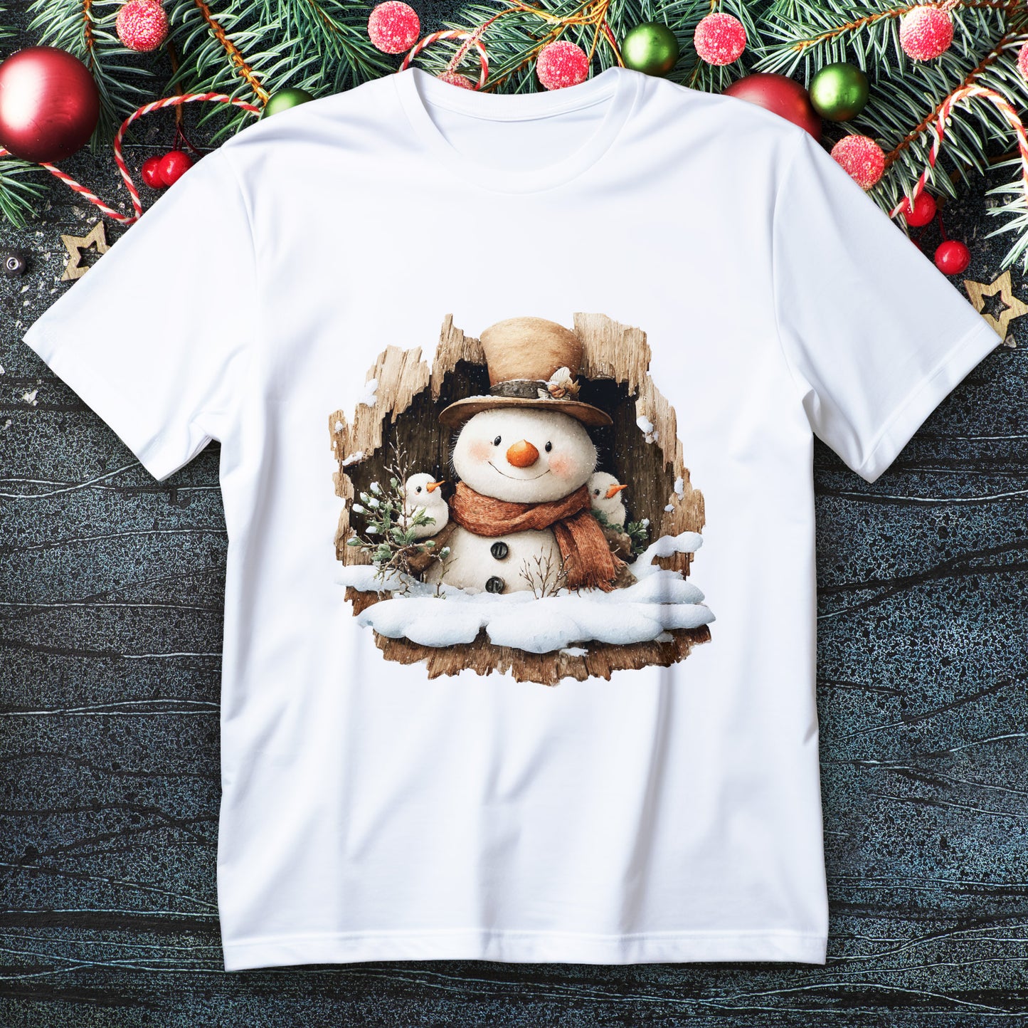 Woodland Snowman with Birds Christmas T-Shirt - Rustic Tree Hollow Snowman