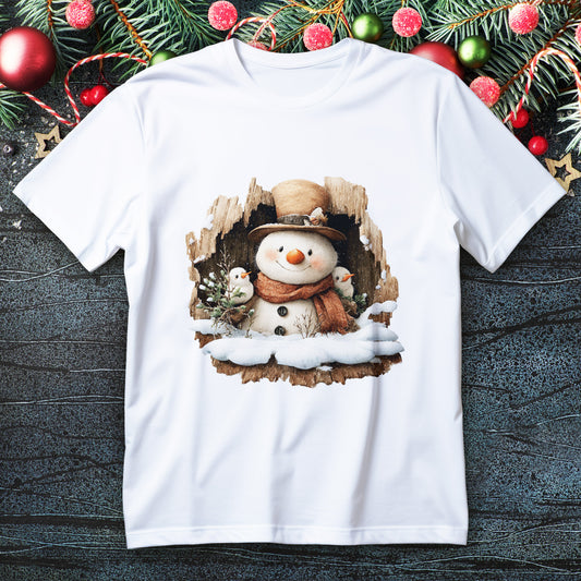 Woodland Snowman with Birds Christmas T-Shirt - Rustic Tree Hollow Snowman