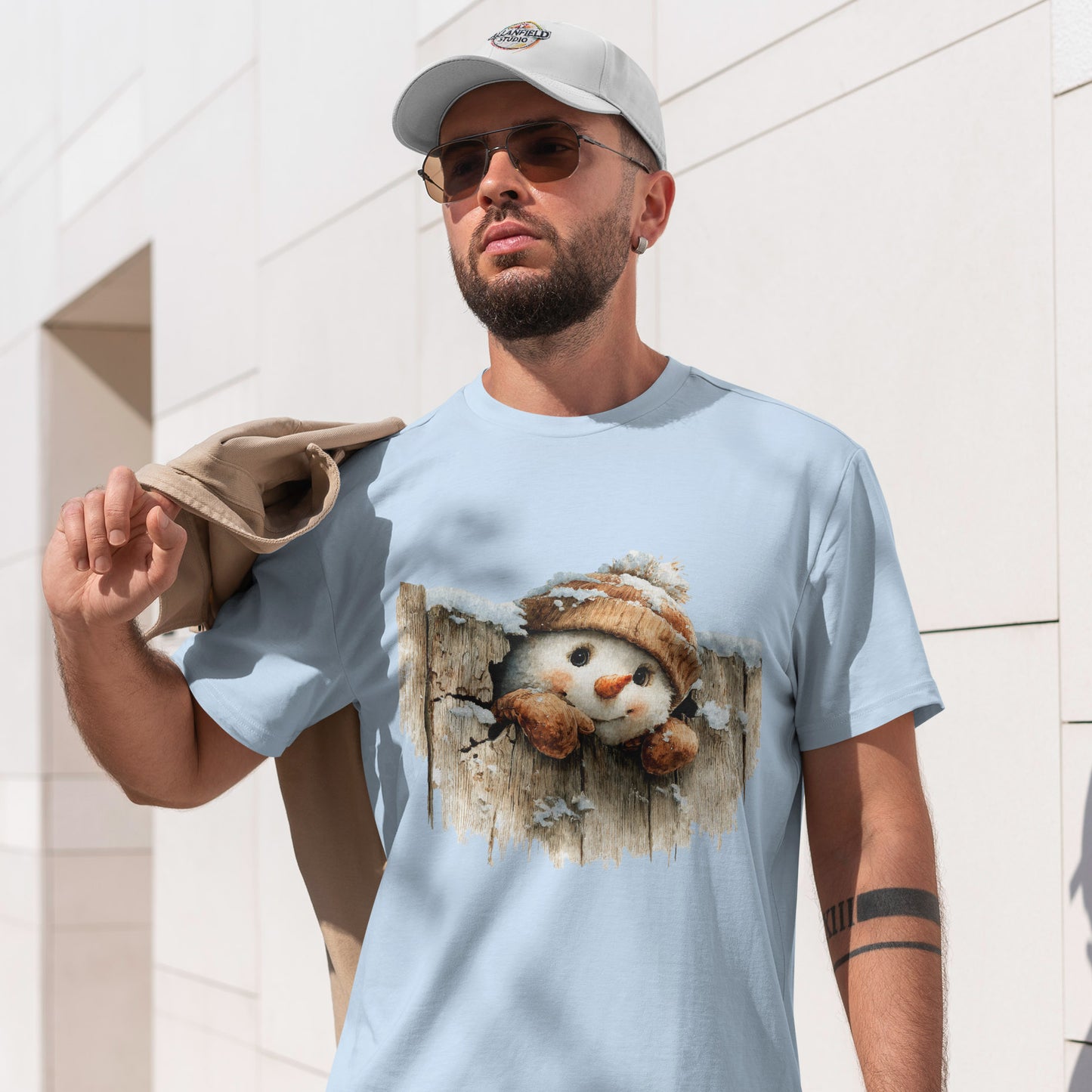 Peeking Snowman Beanie Christmas T-Shirt - Rustic Wood Fence Snowman