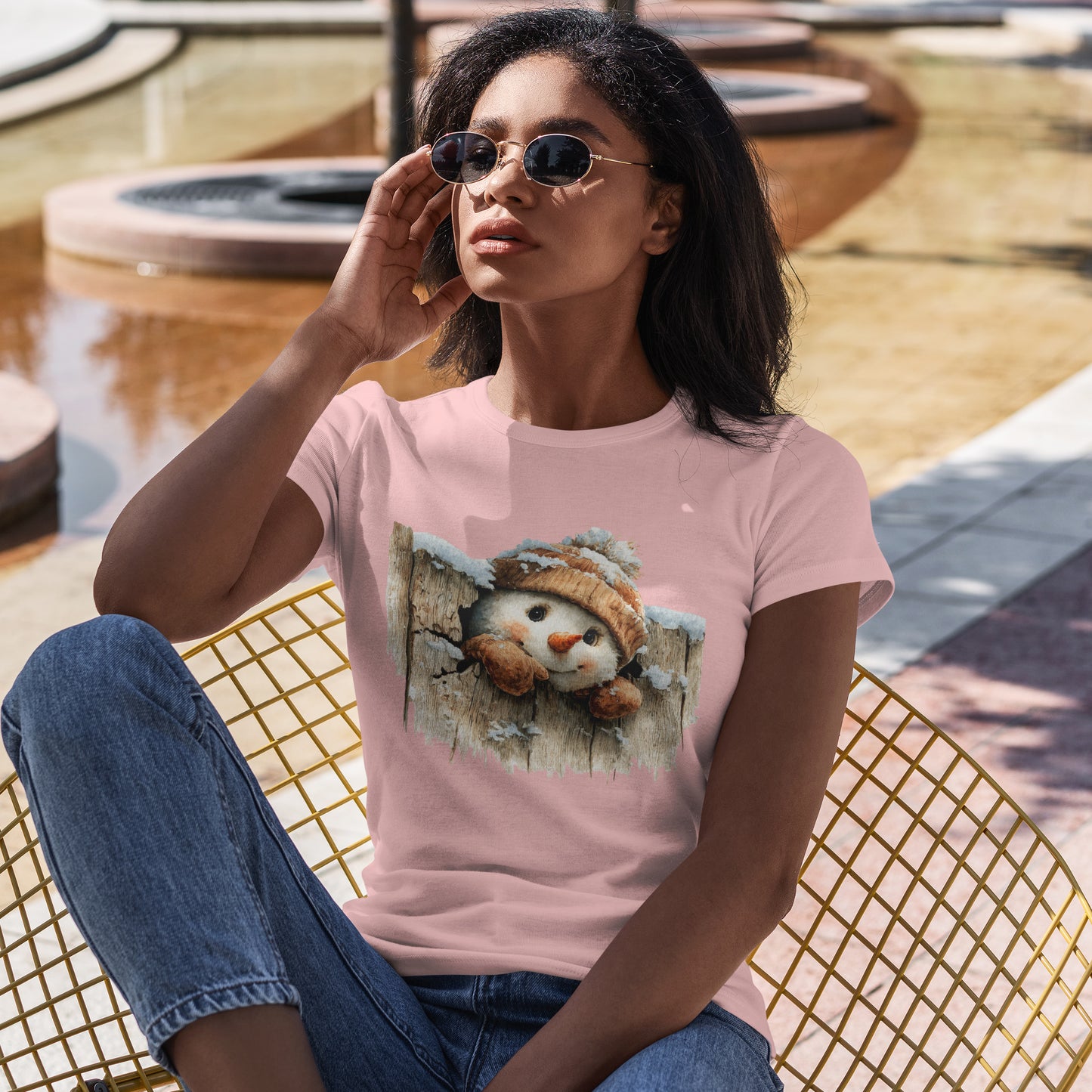 Peeking Snowman Beanie Christmas T-Shirt - Rustic Wood Fence Snowman