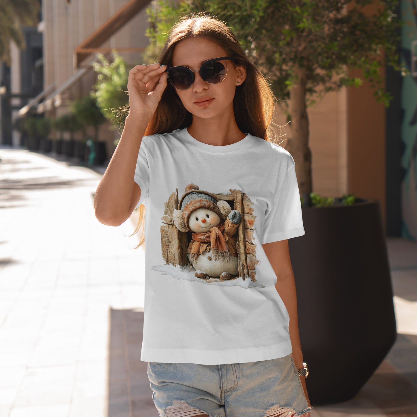 Waving Doorway Snowman Christmas T-Shirt - Cabin Snowman in Beanie & Ear Muffs