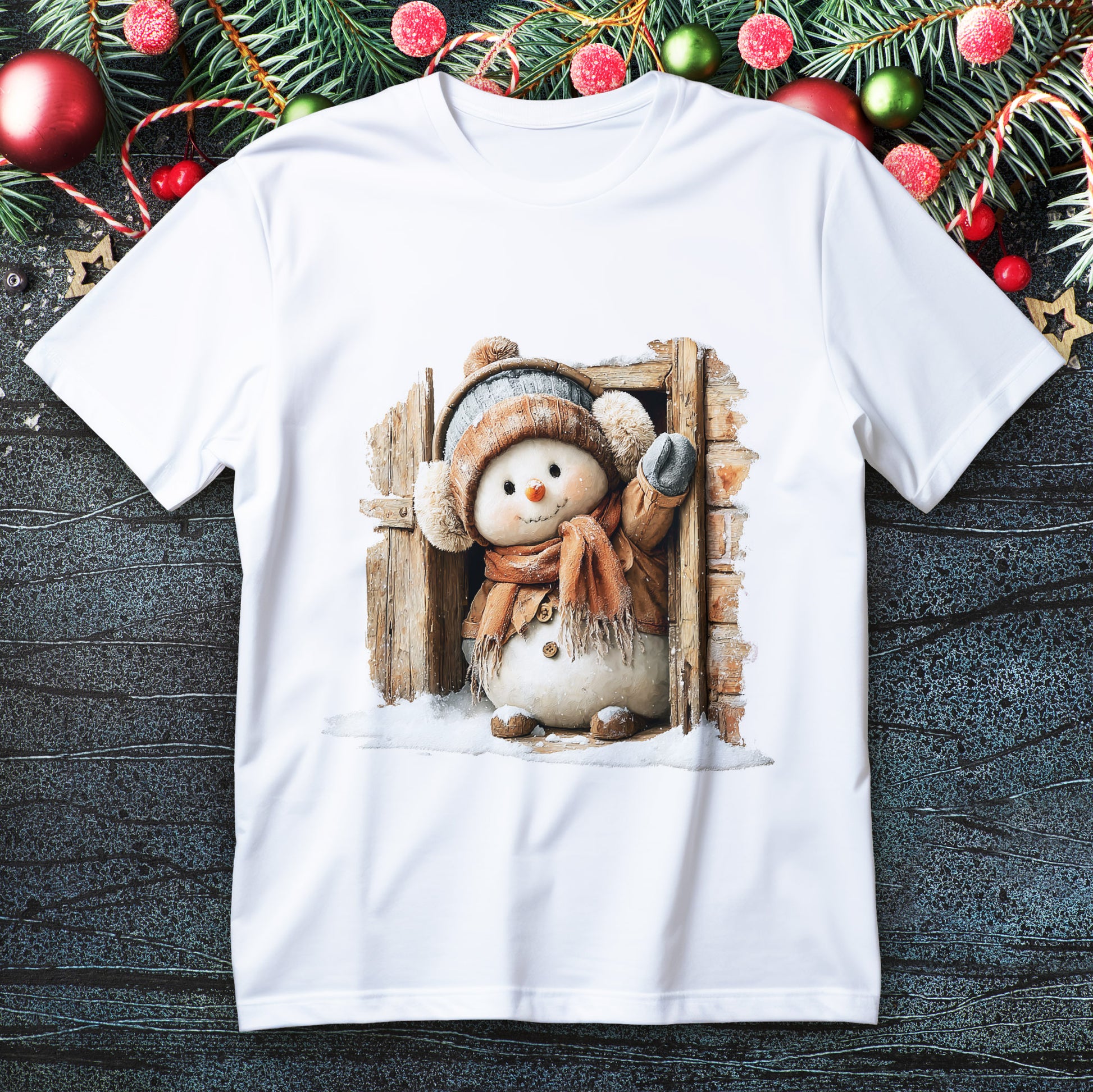 Snowman in beanie and ear muffs waving from rustic wooden doorway on a Christmas T-shirt