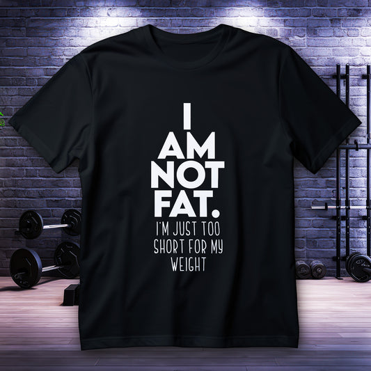 I Am Not Fat Shirt with bold typography quote “Too Short for My Weight” funny body positive statement tee