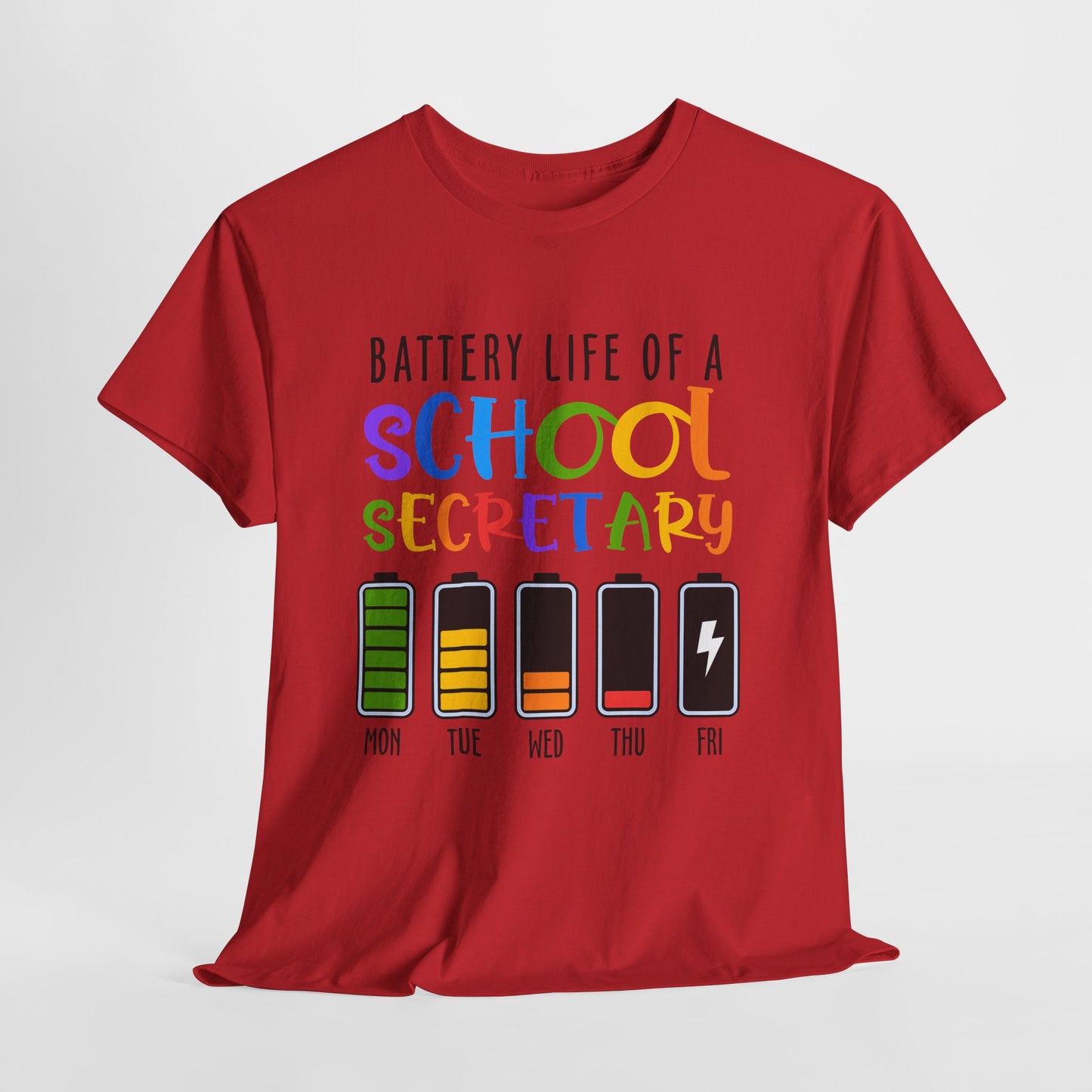 School Secretary Battery Shirt - Funny Rainbow Staff Tee for School Office Life, End of Year Exhaustion Gift for Secretaries