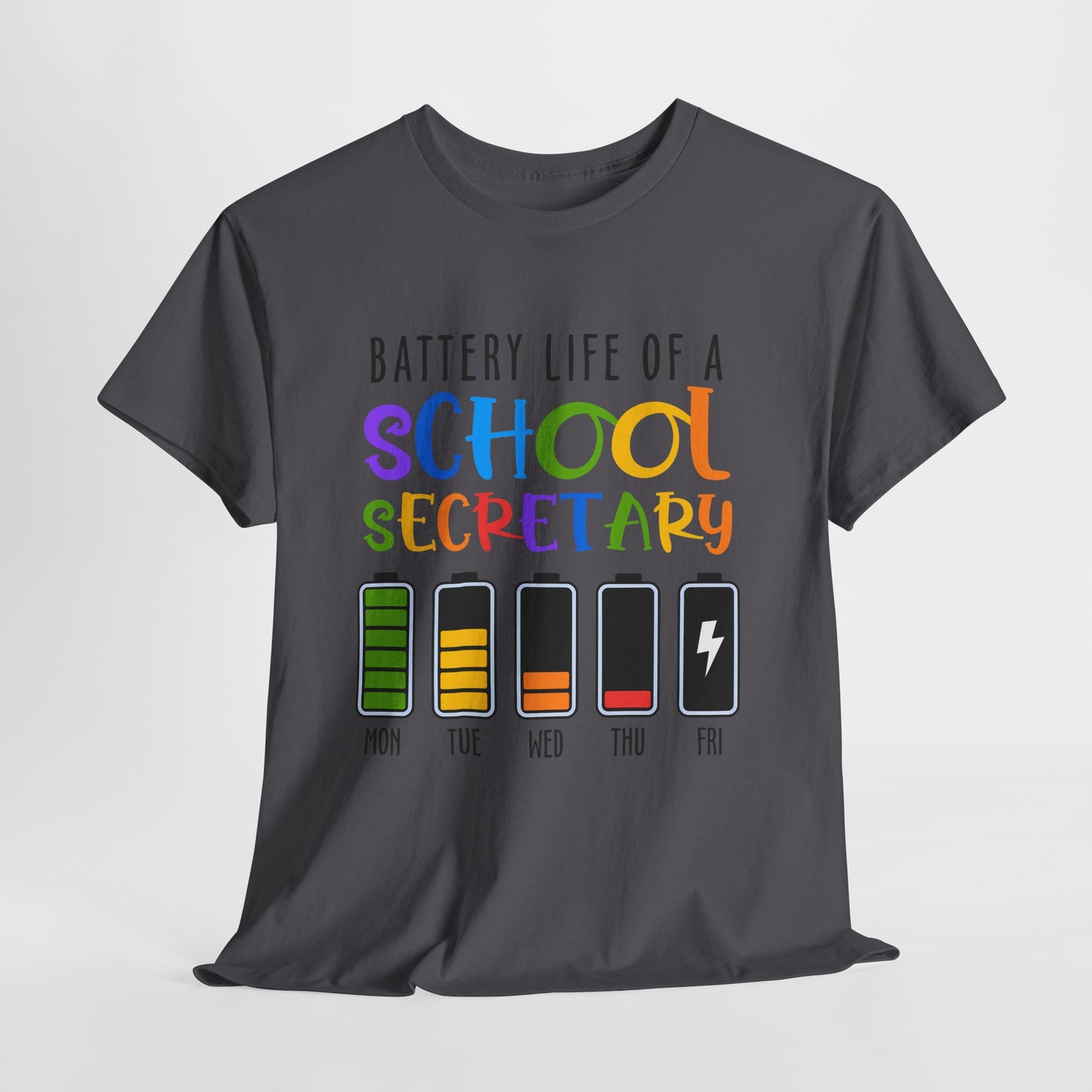 School Secretary Battery Shirt - Funny Rainbow Staff Tee for School Office Life, End of Year Exhaustion Gift for Secretaries