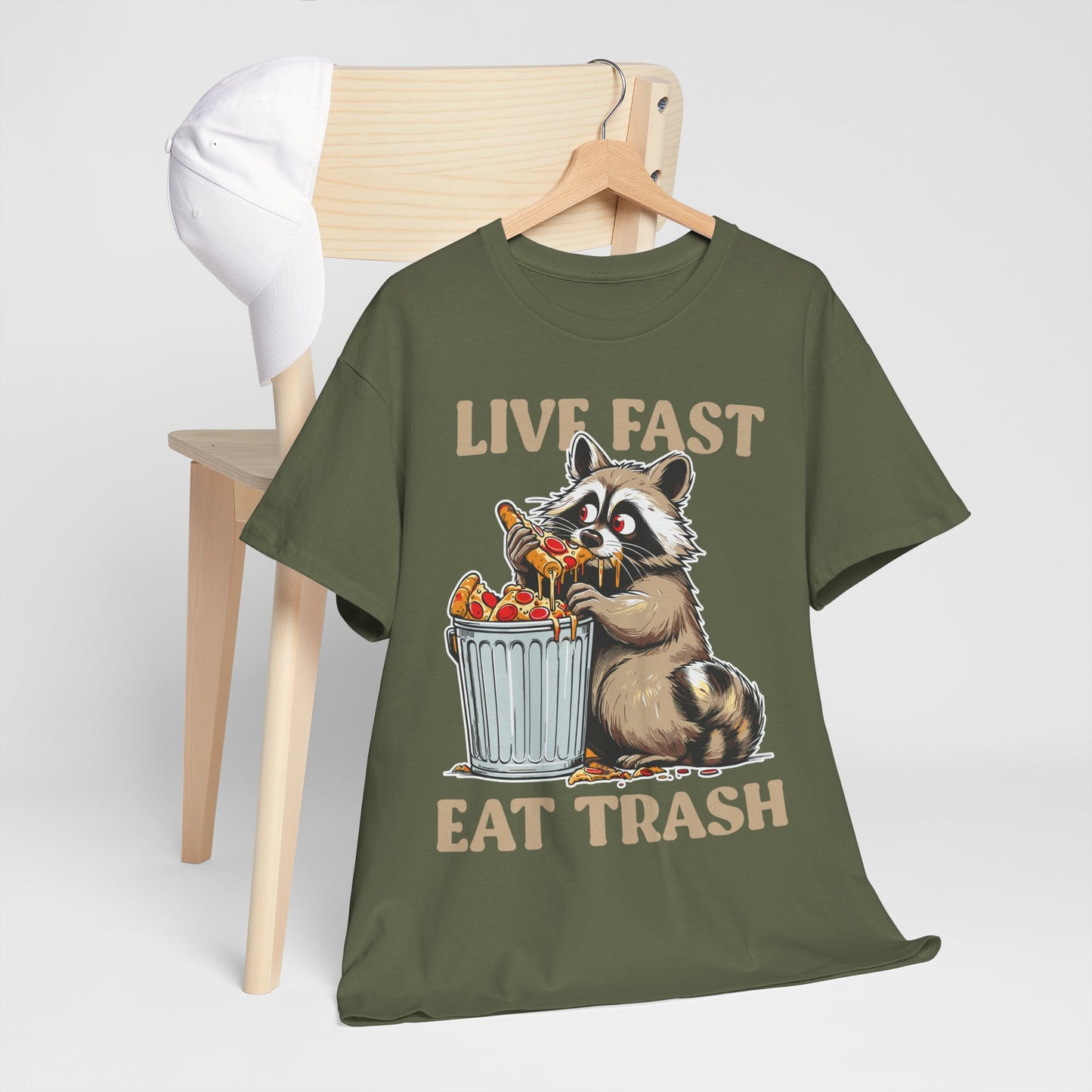 Live Fast Eat Trash Raccoon T-Shirt - Funny Pizza Meme Tee