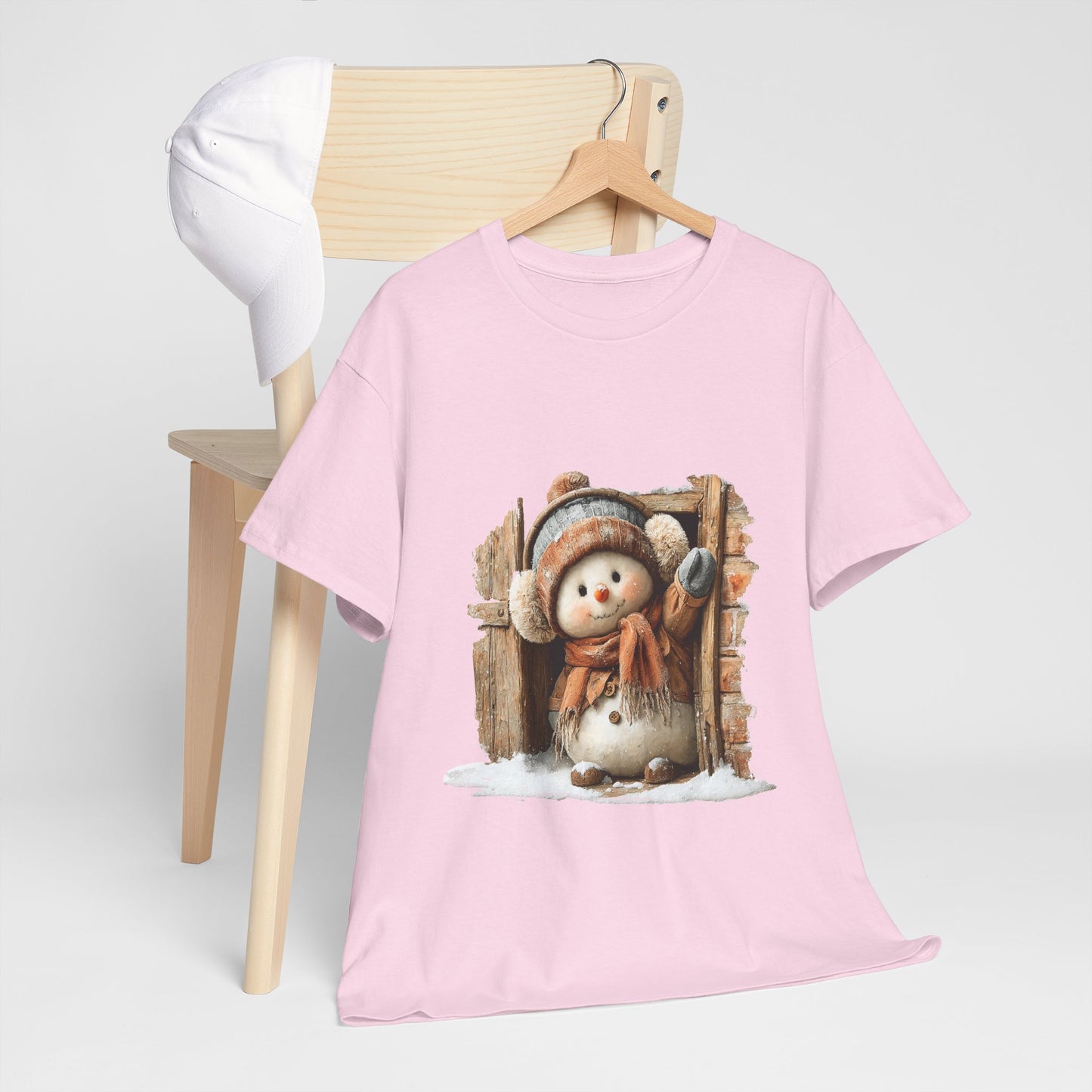 Waving Doorway Snowman Christmas T-Shirt - Cabin Snowman in Beanie & Ear Muffs