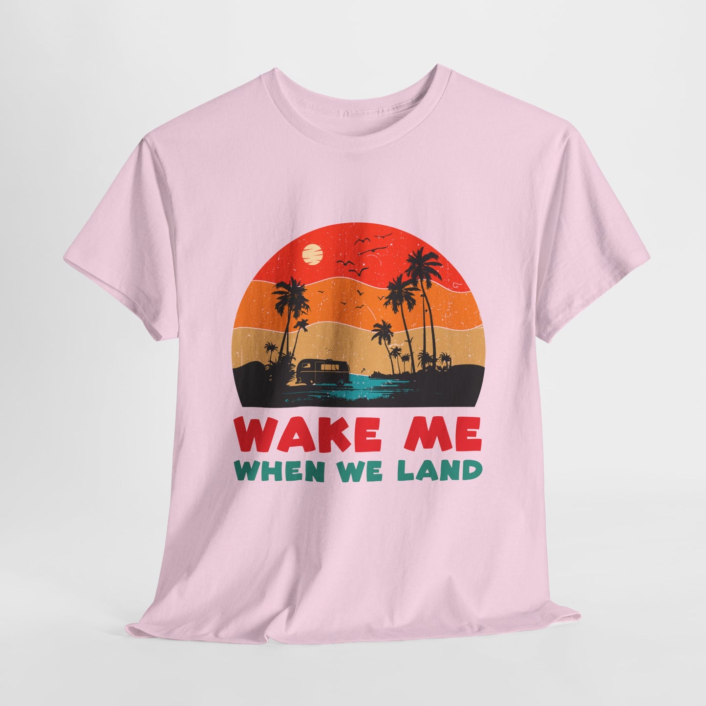 Wake Me When We Land T-Shirt - Funny Jet Lag Travel Retro Sunset Tee
