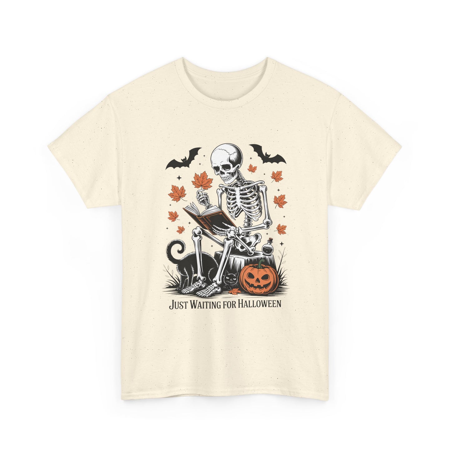Just Waiting for Halloween T-Shirt - Cozy Spooky Skeleton Reading Tee