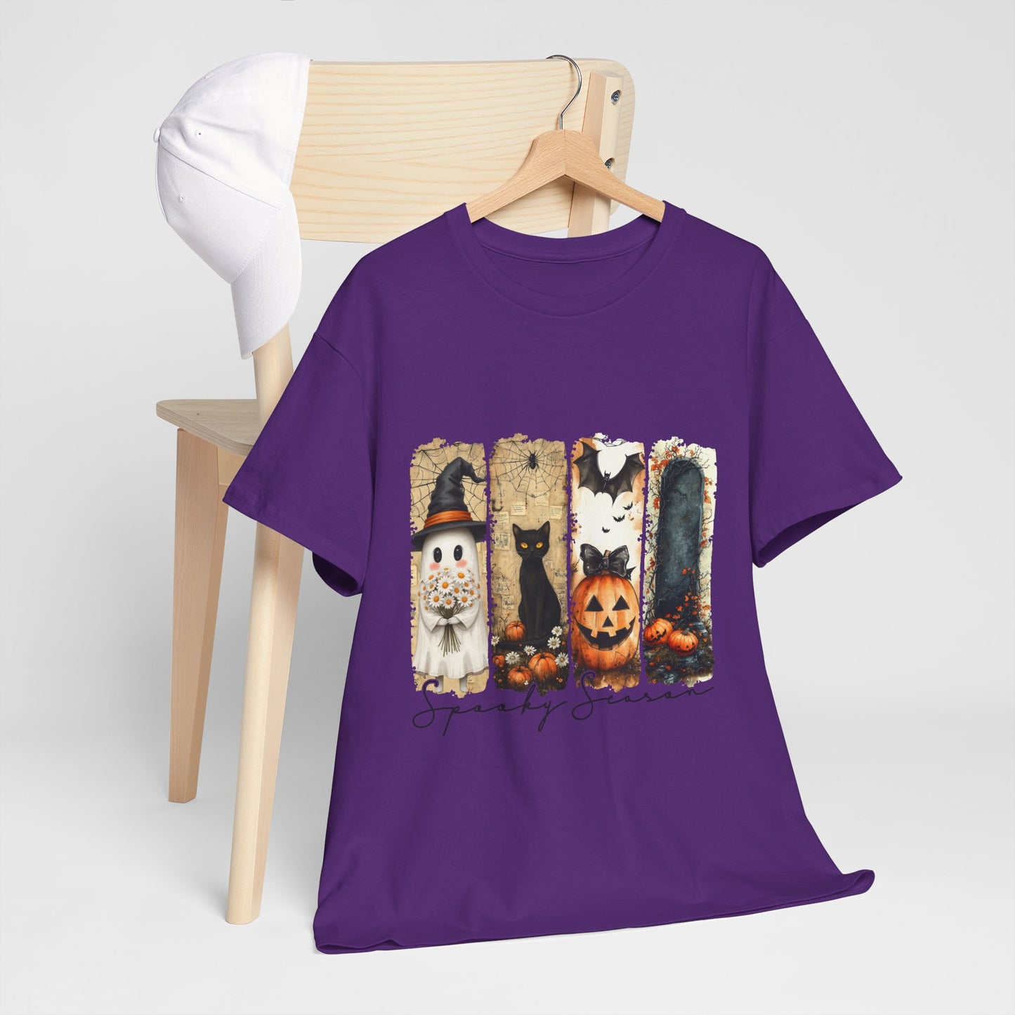 Spooky Season Panels Halloween T-Shirt with Ghost, Black Cat, Jack-O-Lantern & Bats