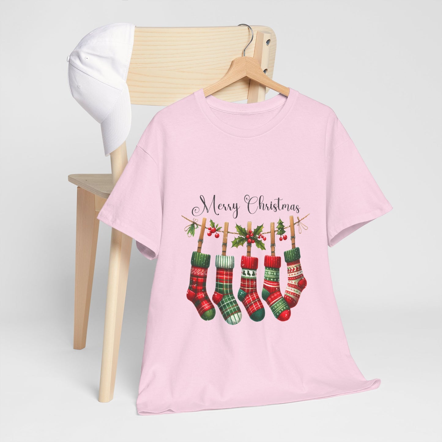 Merry Christmas Stockings T-Shirt - Five Plaid Stockings on Garland