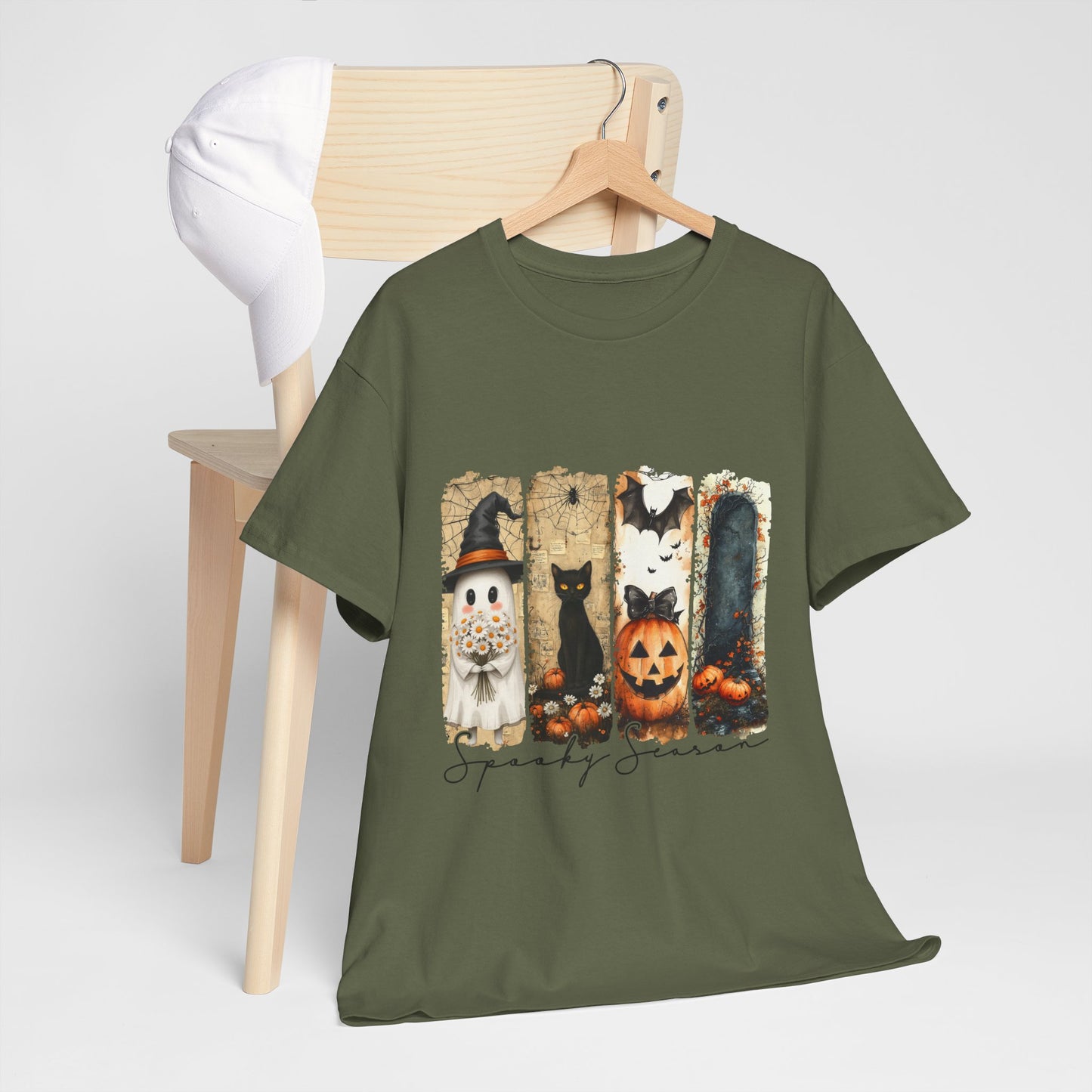 Spooky Season Panels Halloween T-Shirt with Ghost, Black Cat, Jack-O-Lantern & Bats