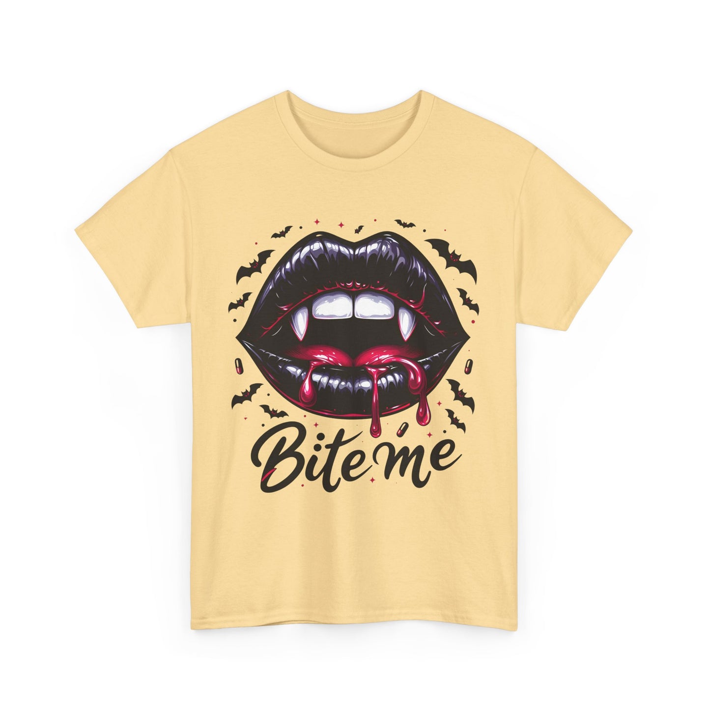 Bite Me Vampire Lips T-Shirt - Gothic Fangs & Bats Halloween Tee