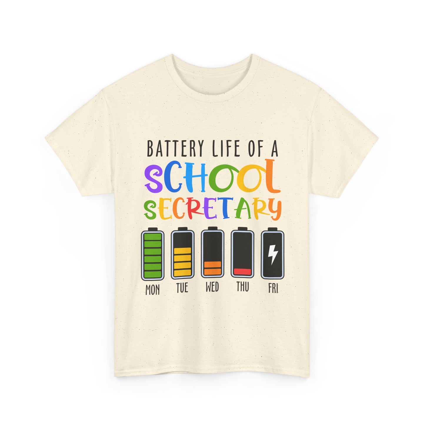 School Secretary Battery Shirt - Funny Rainbow Staff Tee for School Office Life, End of Year Exhaustion Gift for Secretaries