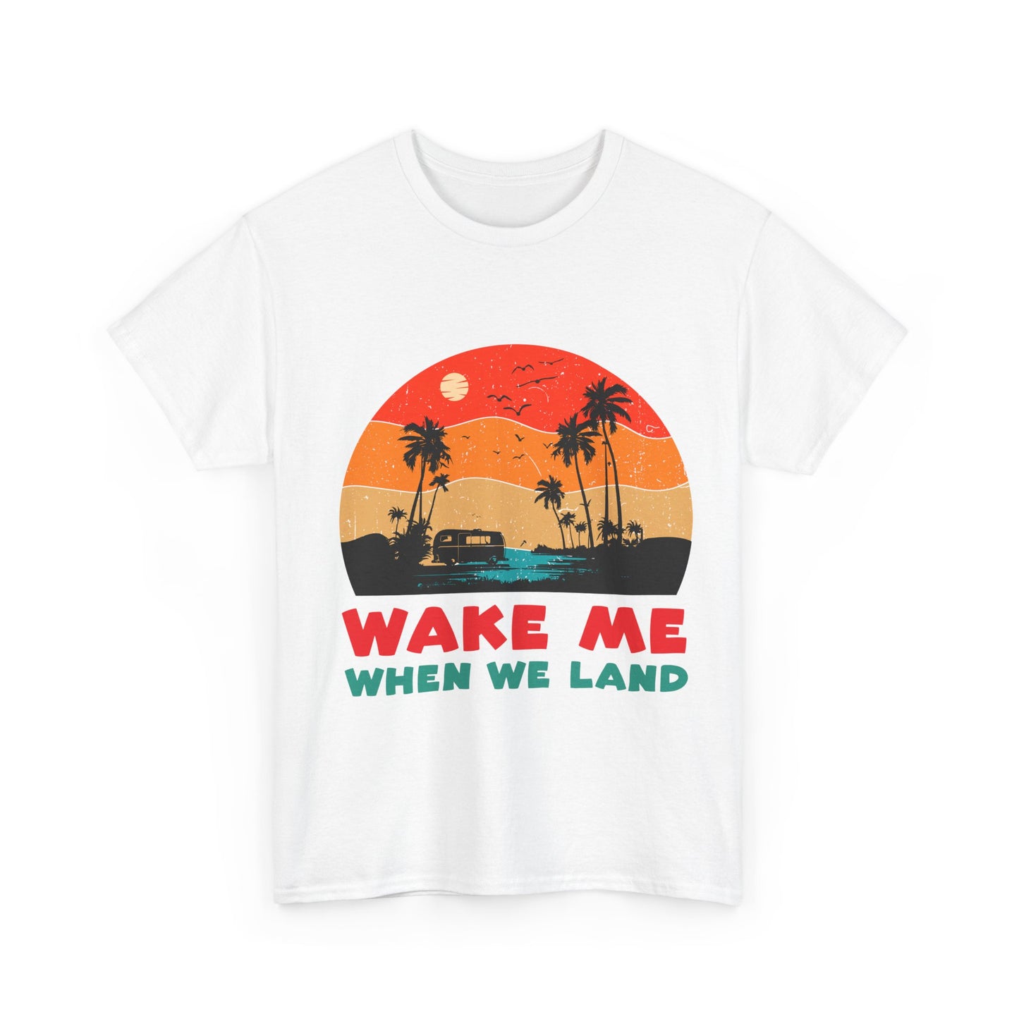 Wake Me When We Land T-Shirt - Funny Jet Lag Travel Retro Sunset Tee