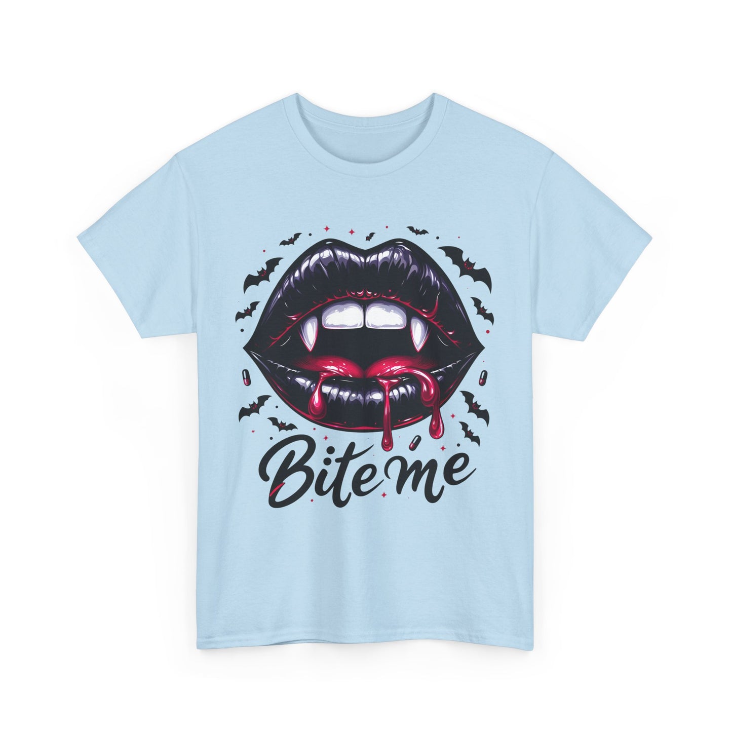 Bite Me Vampire Lips T-Shirt - Gothic Fangs & Bats Halloween Tee