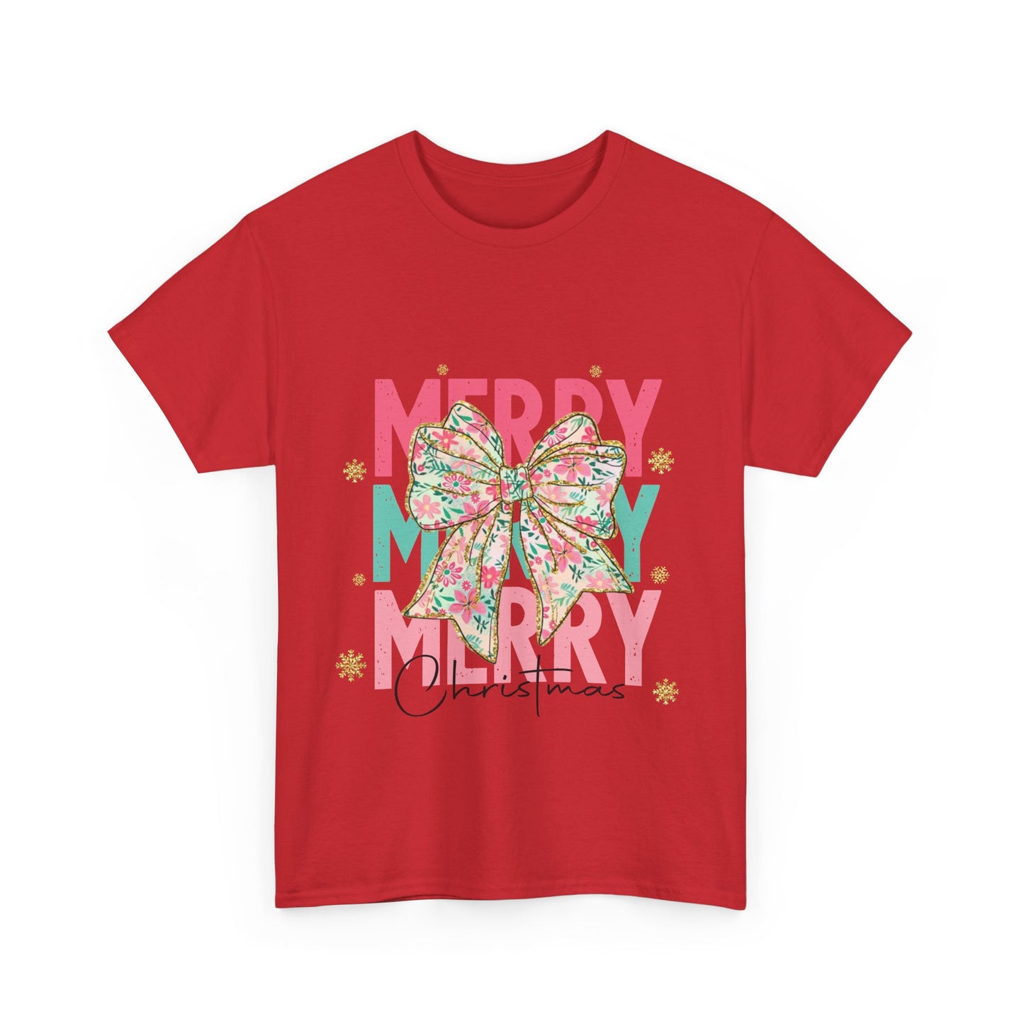 Merry Merry Merry Christmas T-Shirt - Floral Bow Pastel Tee
