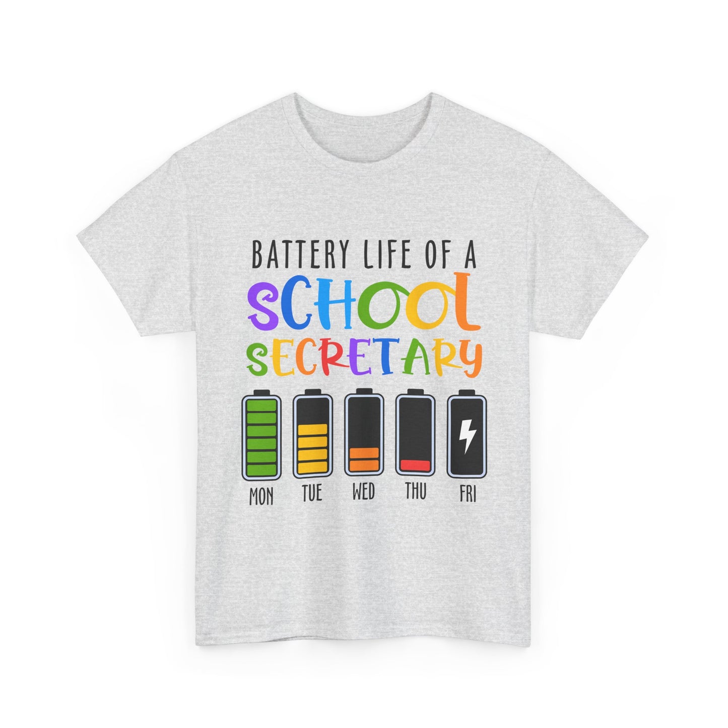 School Secretary Battery Shirt - Funny Rainbow Staff Tee for School Office Life, End of Year Exhaustion Gift for Secretaries