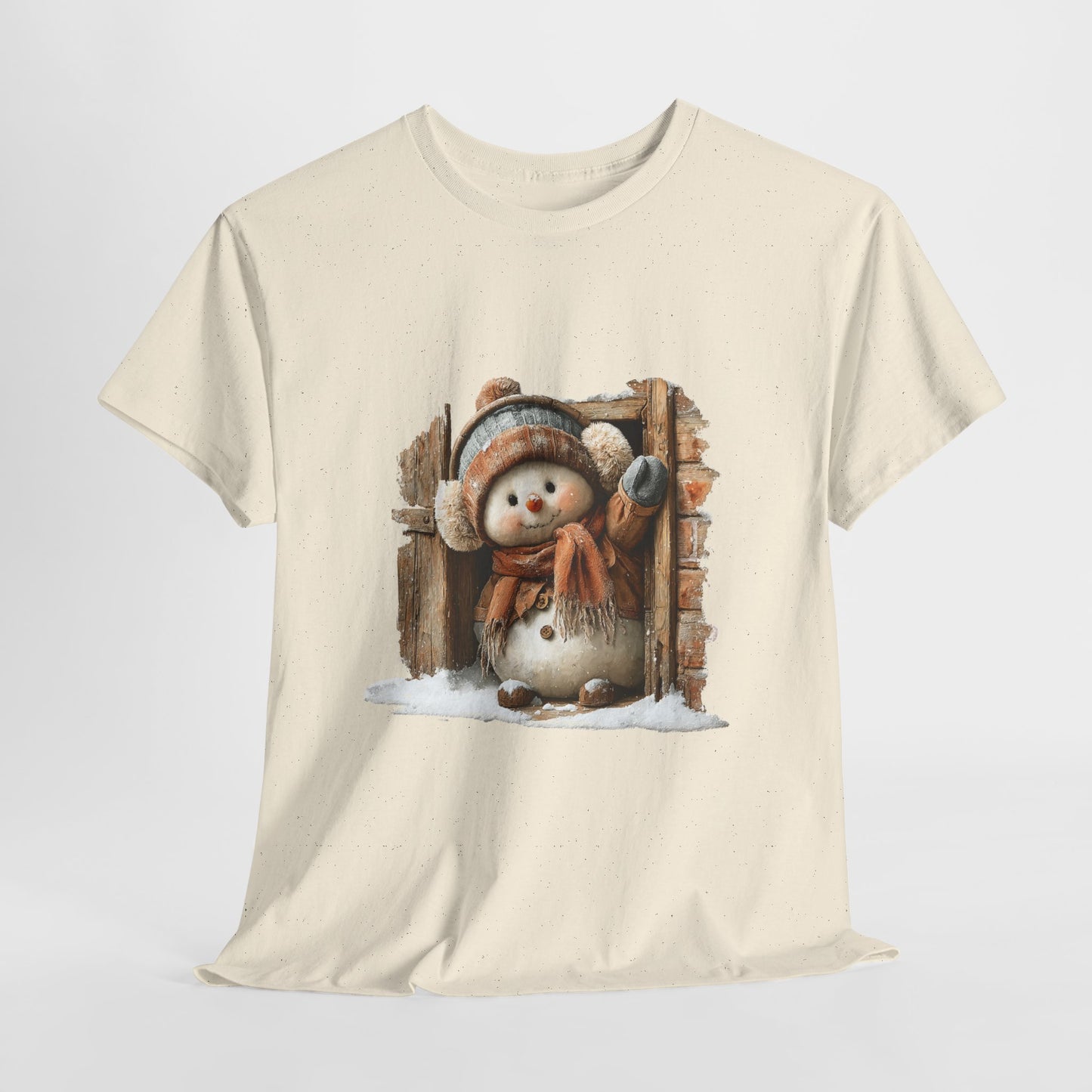 Waving Doorway Snowman Christmas T-Shirt - Cabin Snowman in Beanie & Ear Muffs