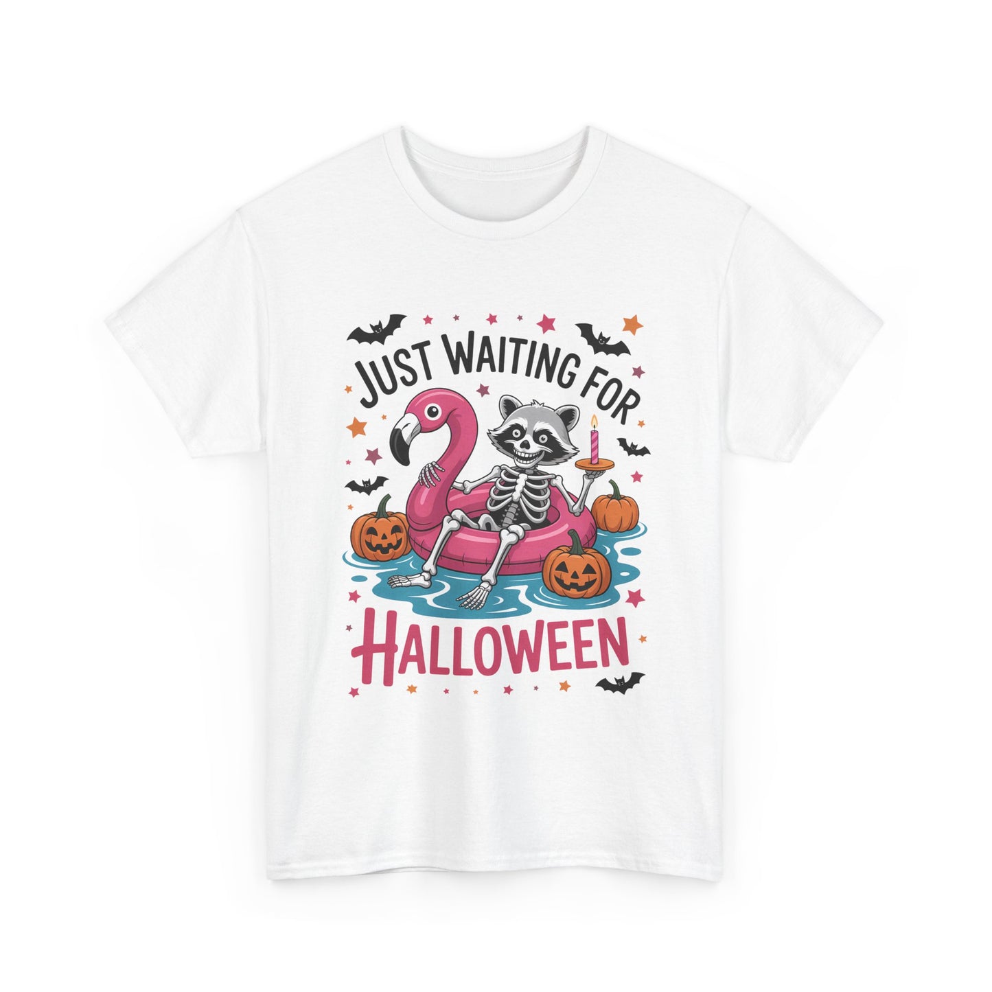 Just Waiting for Halloween T-Shirt - Raccoon Skeleton Flamingo Tee