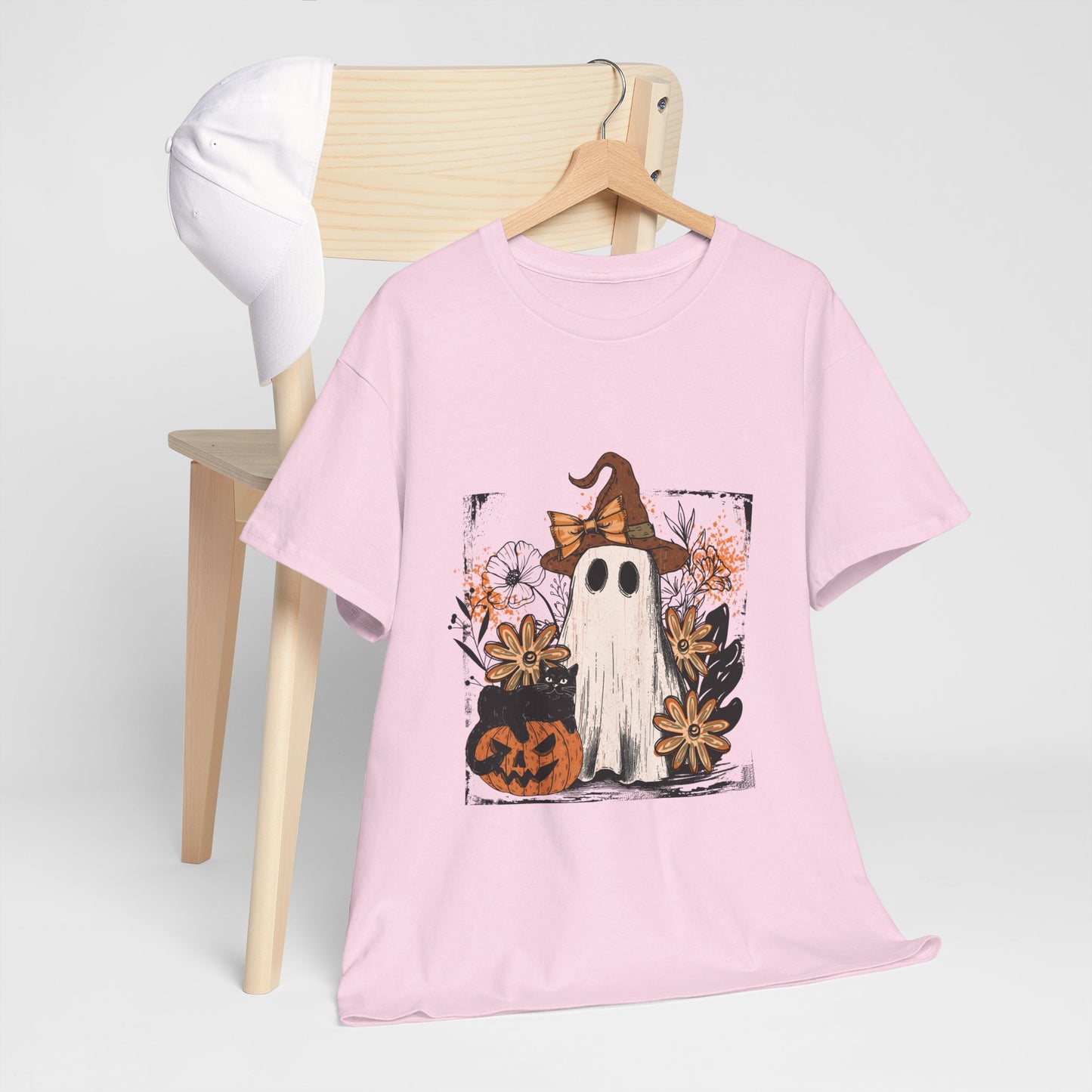 Floral Ghost Cat Pumpkin Halloween T-Shirt - Witch Hat Bow x Jack-O-Lantern