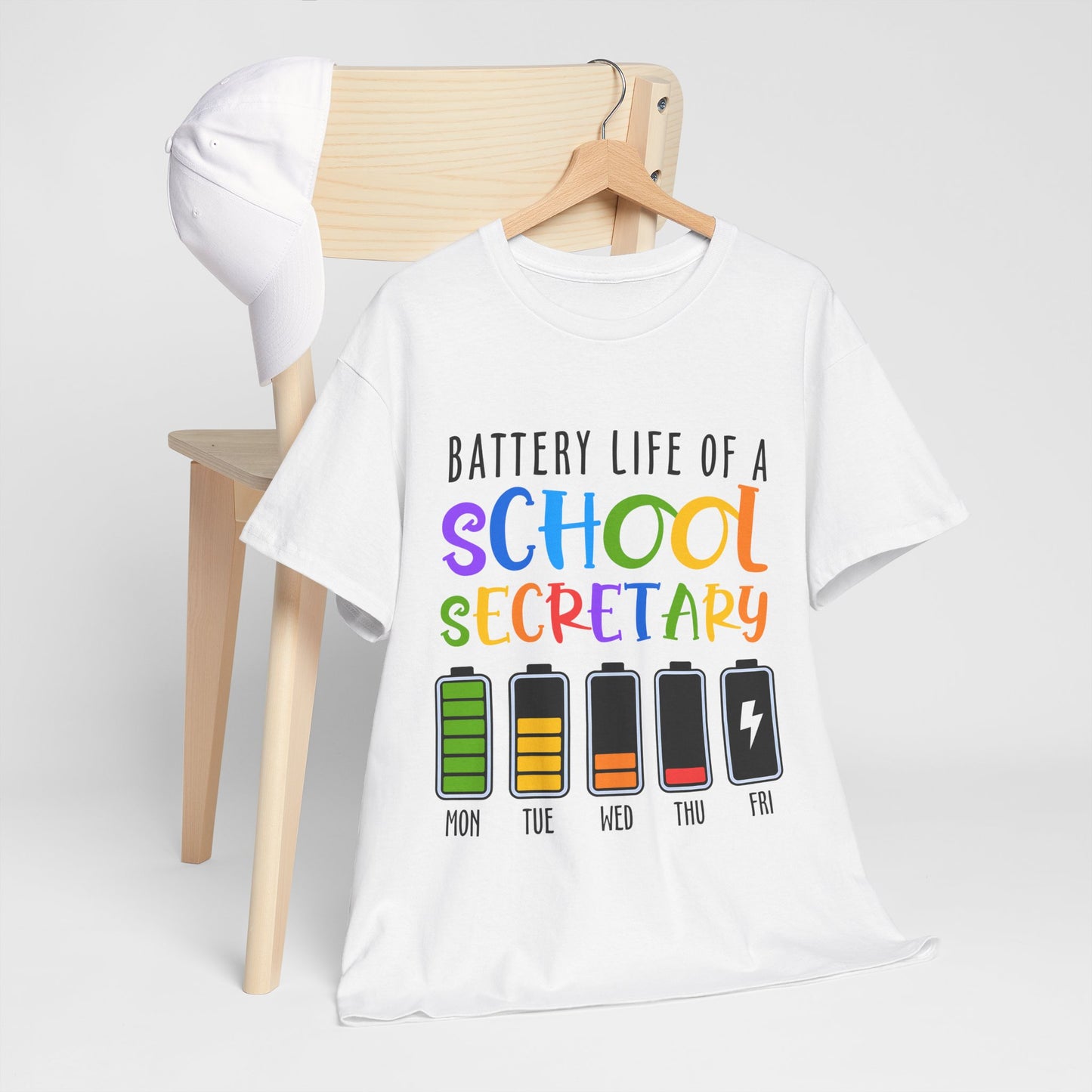 School Secretary Battery Shirt - Funny Rainbow Staff Tee for School Office Life, End of Year Exhaustion Gift for Secretaries