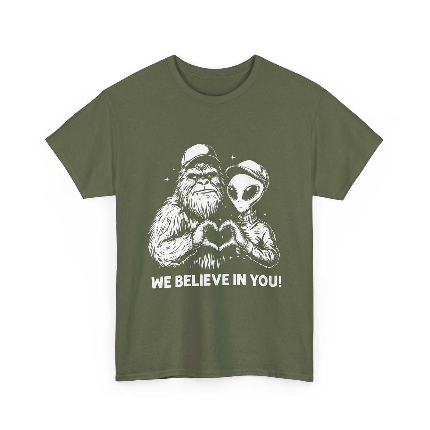We Believe In You T-Shirt - Bigfoot & Alien Heart Hands Tee