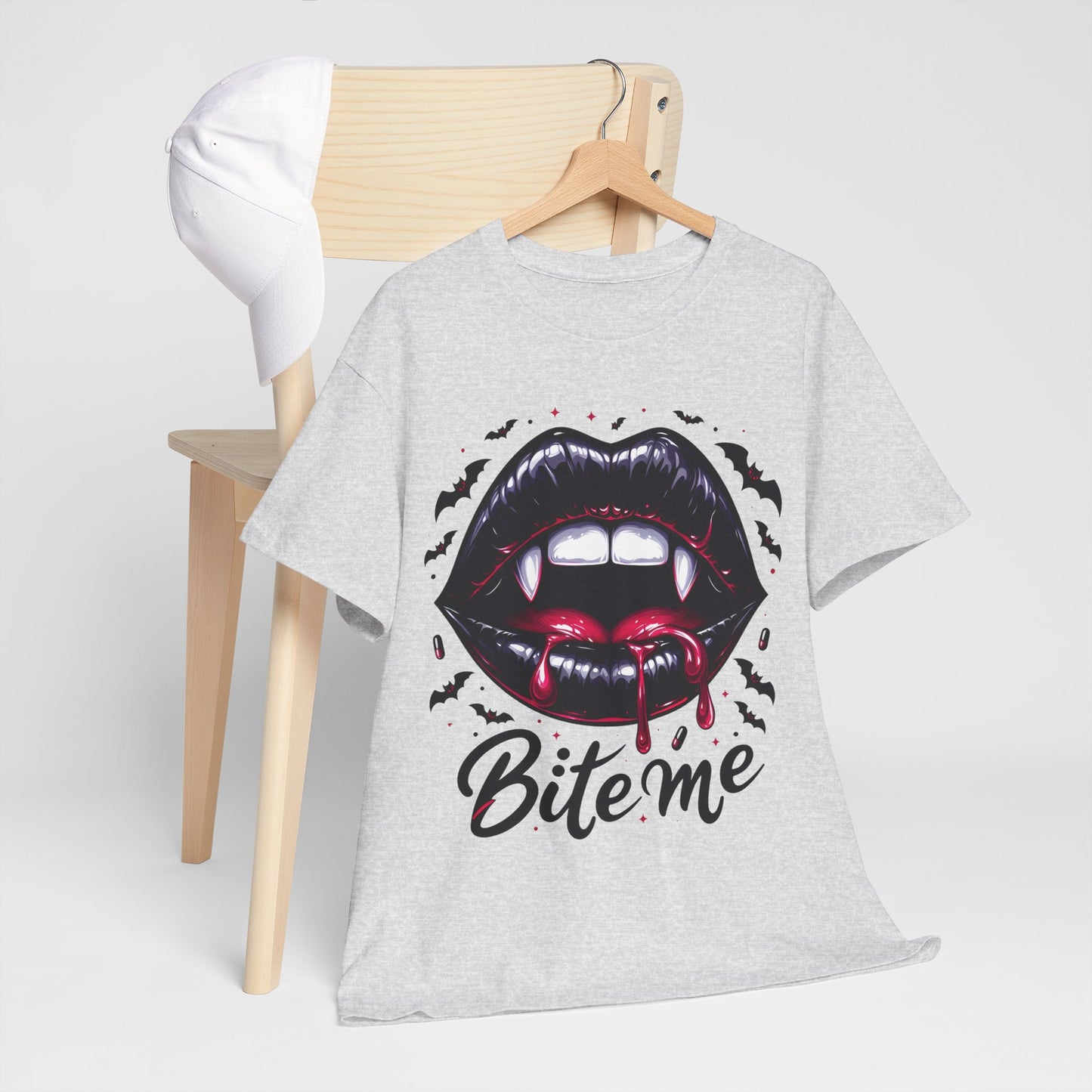Bite Me Vampire Lips T-Shirt - Gothic Fangs & Bats Halloween Tee