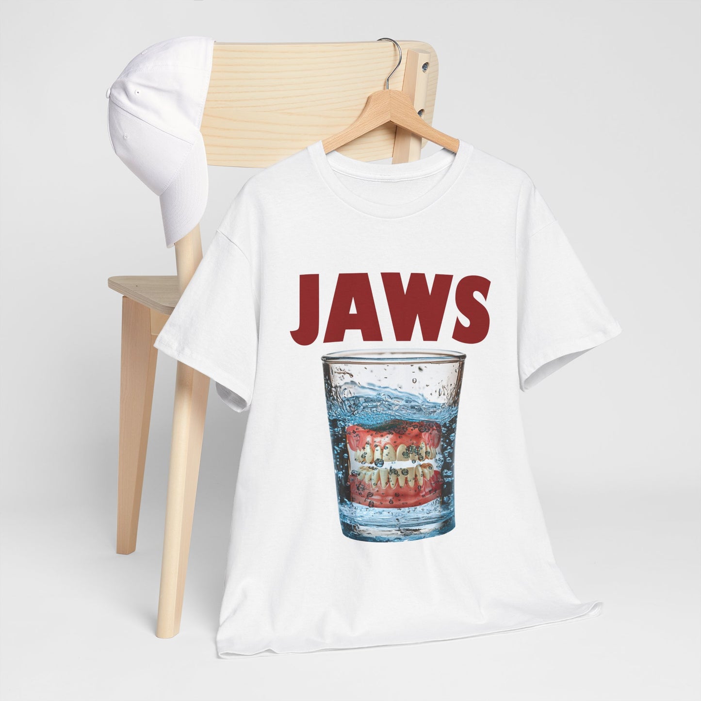 JAWS Parody - Funny Denture in Water Glass T-Shirt for Movie & Humor Fans