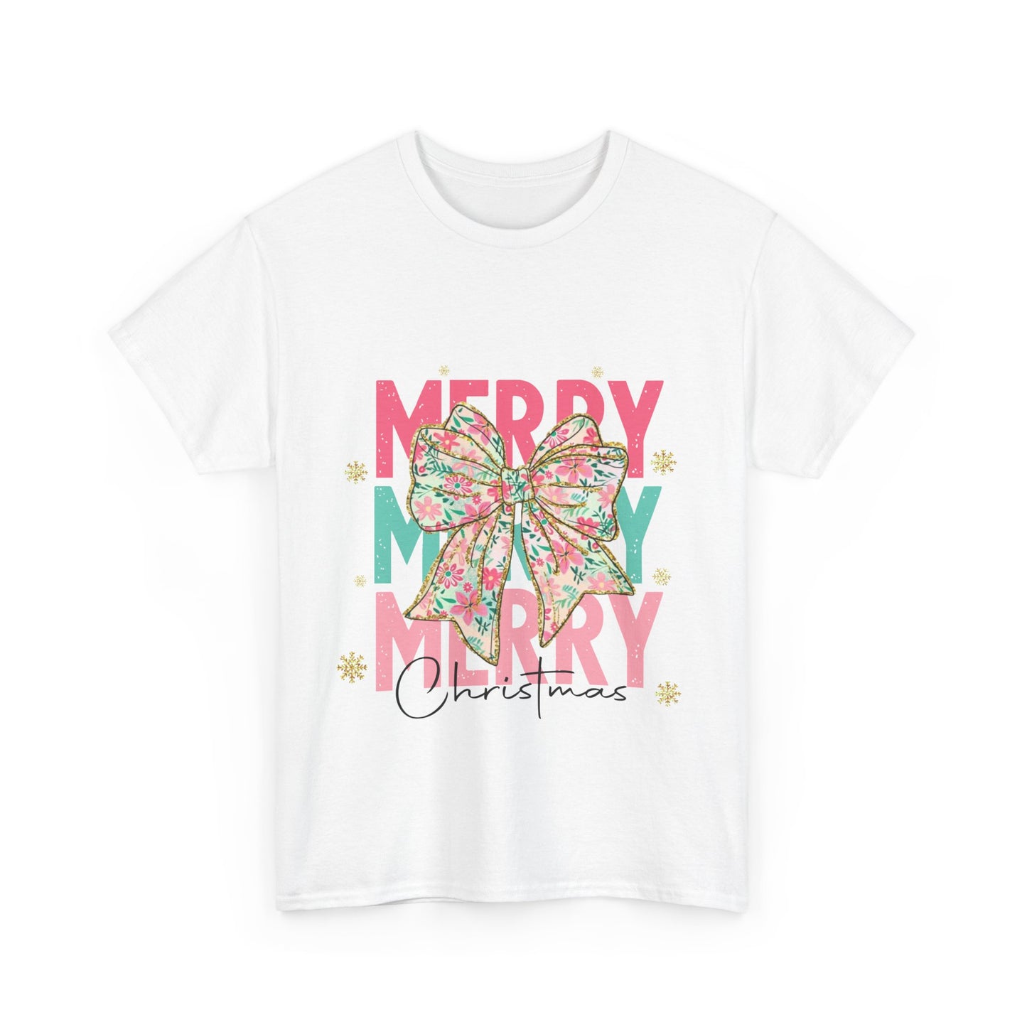 Merry Merry Merry Christmas T-Shirt - Floral Bow Pastel Tee