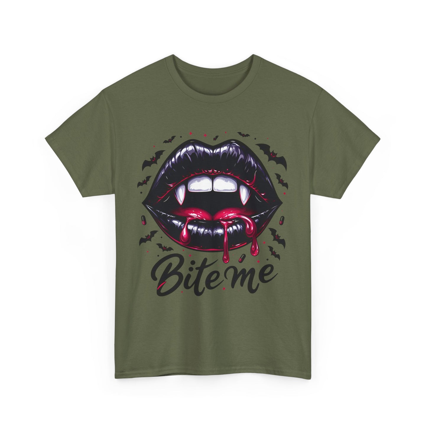 Bite Me Vampire Lips T-Shirt - Gothic Fangs & Bats Halloween Tee