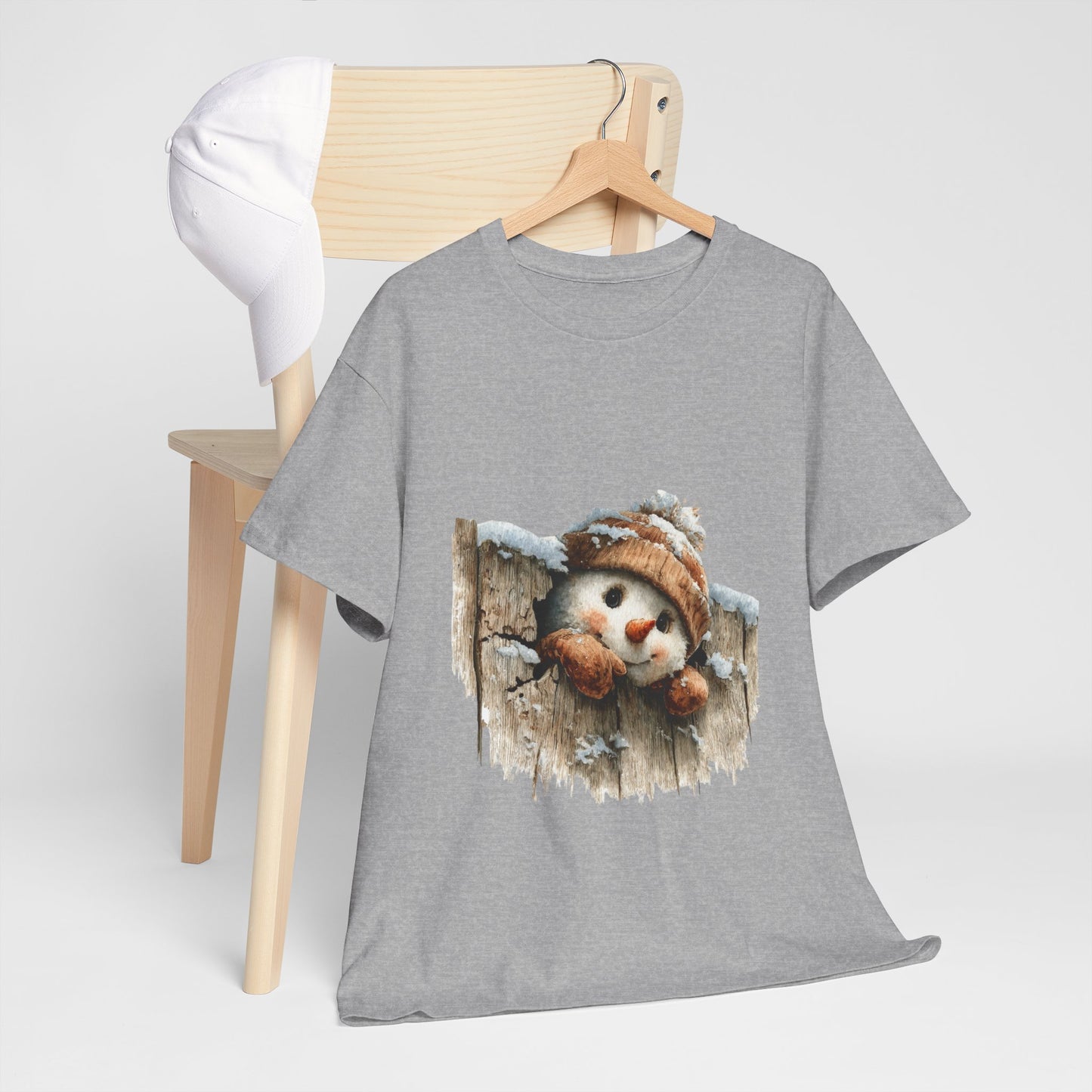 Peeking Snowman Beanie Christmas T-Shirt - Rustic Wood Fence Snowman